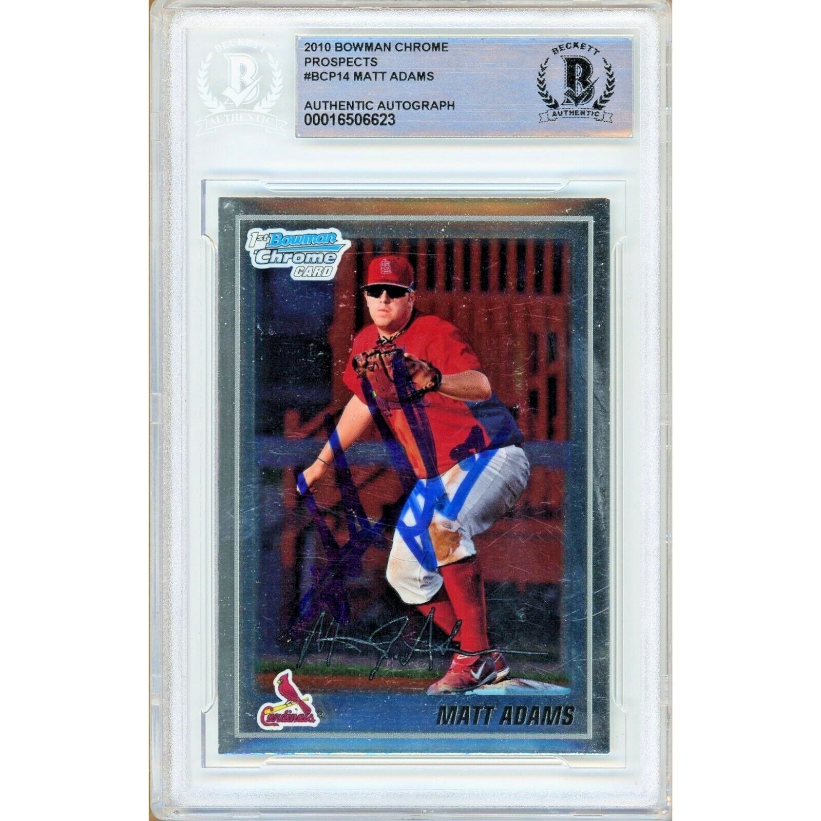 Baseballs- Autographed- Matt Adams St Louis Cardinals Signed 2010 Bowman Chrome Prospects Rookie Card Beckett Authentic Auto Slab Front