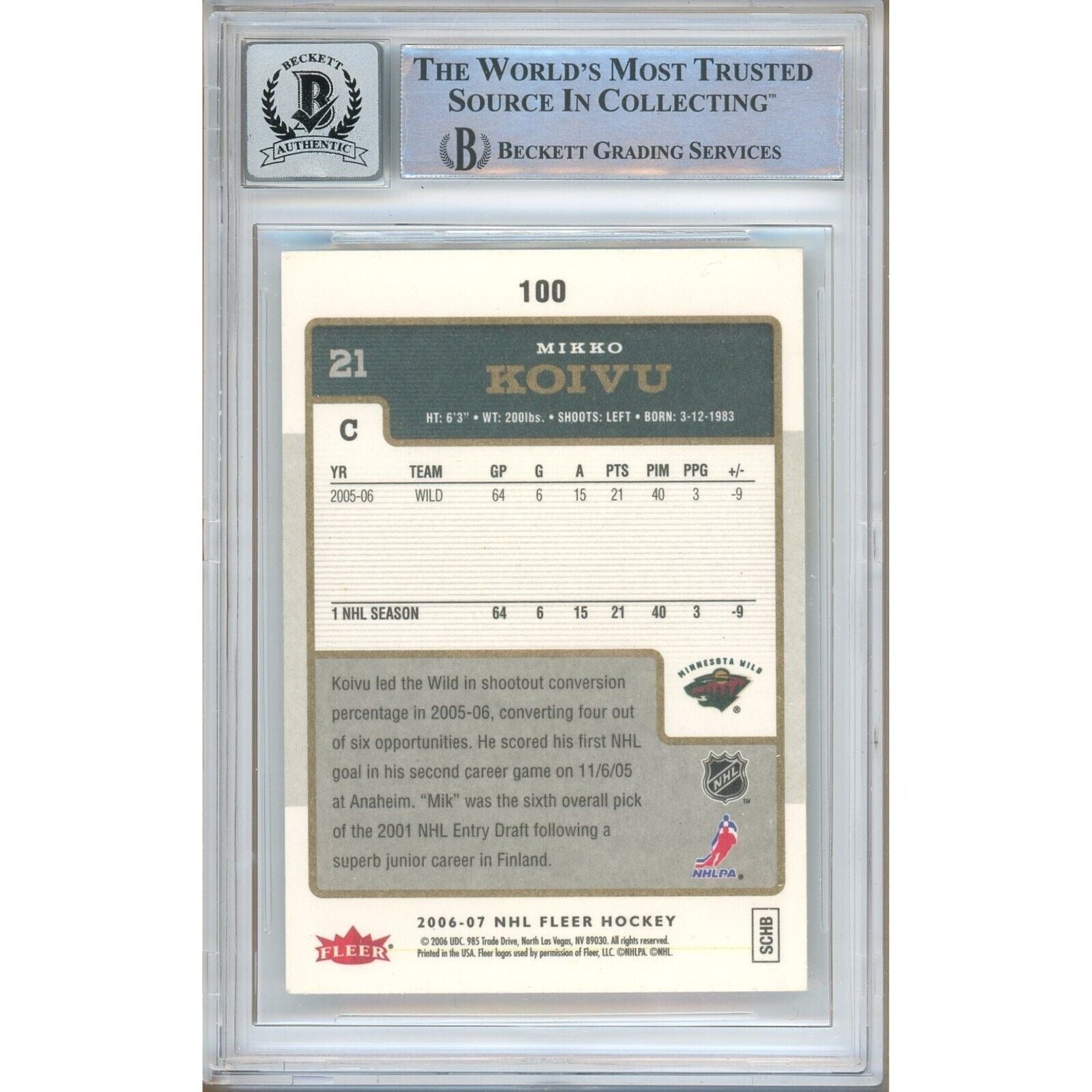 Hockey- Autographed- Mikko Koivu Minnesota Wild Signed 2006-07 Fleer Hockey Card Beckett Authentic BGS Auto-10 Slab Back