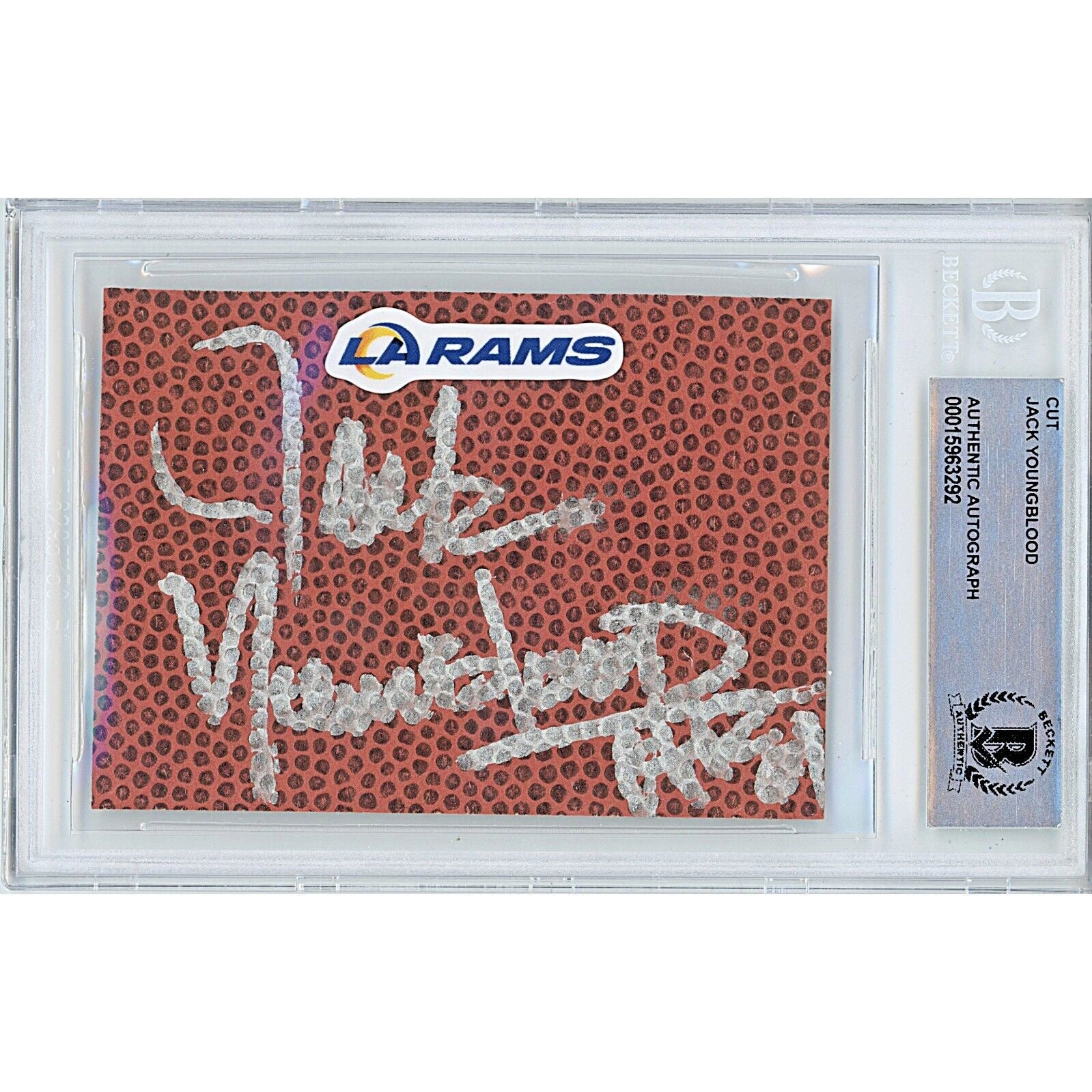 Footballs- Autographed- Jack Youngblood Los Angeles Rams Signed Football Signature Cut Beckett Authentic Auto Slab Front