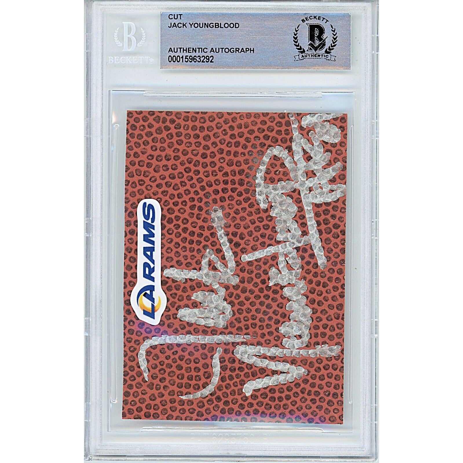 Footballs- Autographed- Jack Youngblood LA Rams Signed Football Signature Cut Beckett Authentic Auto Slab Front