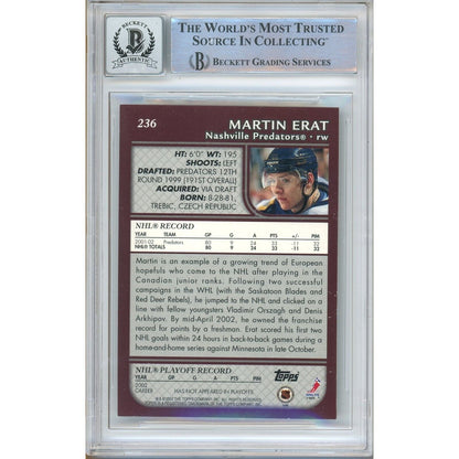 Hockey- Autographed- Martin Erat Nashville Predators Signed 2002-03 Topps Hockey Card Beckett Authentic BGS Auto-10 Graded Slab Back