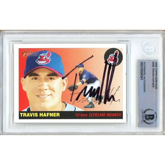 Baseballs- Autographed- Travis Hafner Cleveland Indians Signed 2004 Topps Heritage Trading Card Beckett Authentic Auto Slab Front