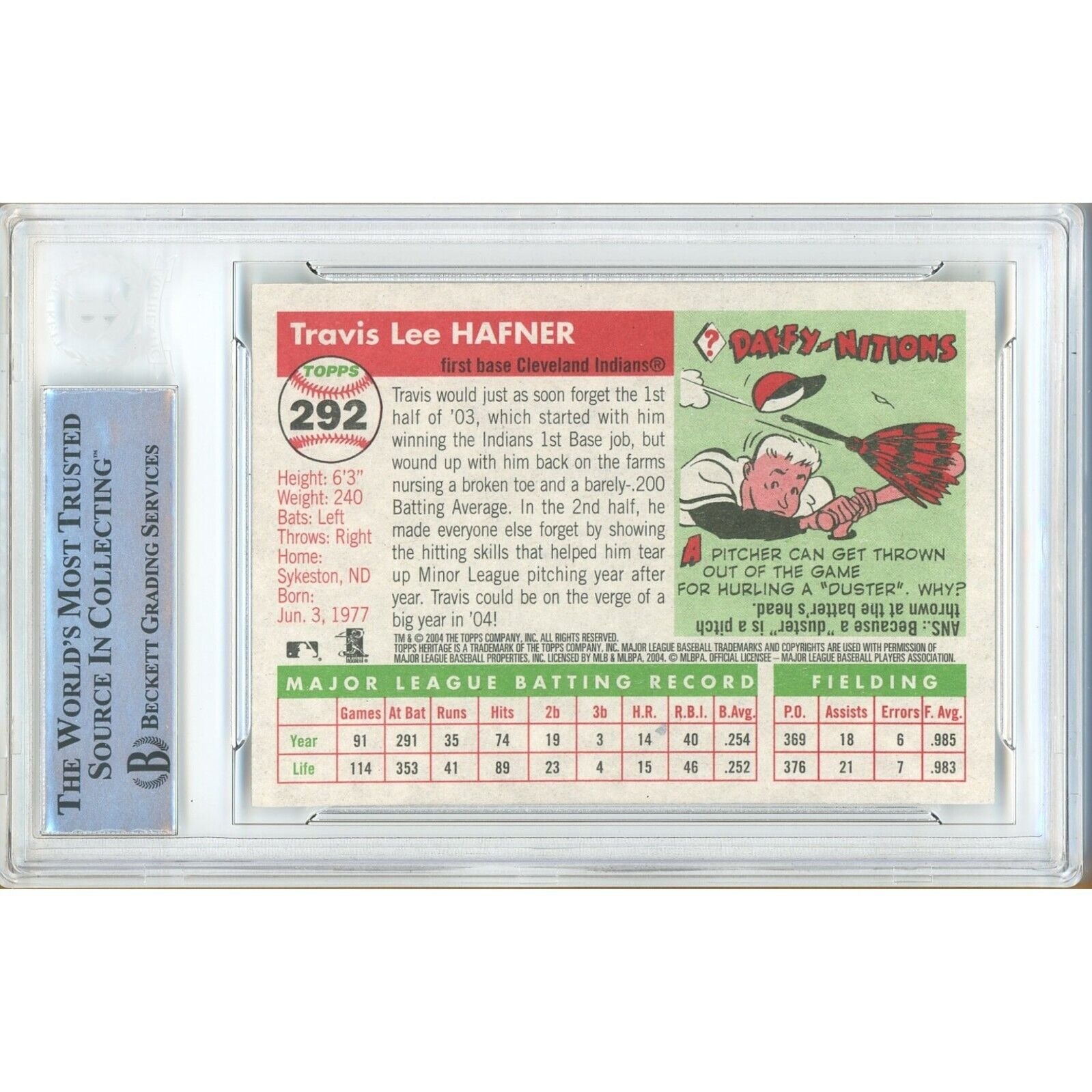 Travis Hafner Cleveland Indians auto trading card – authentication sticker – Beckett COA