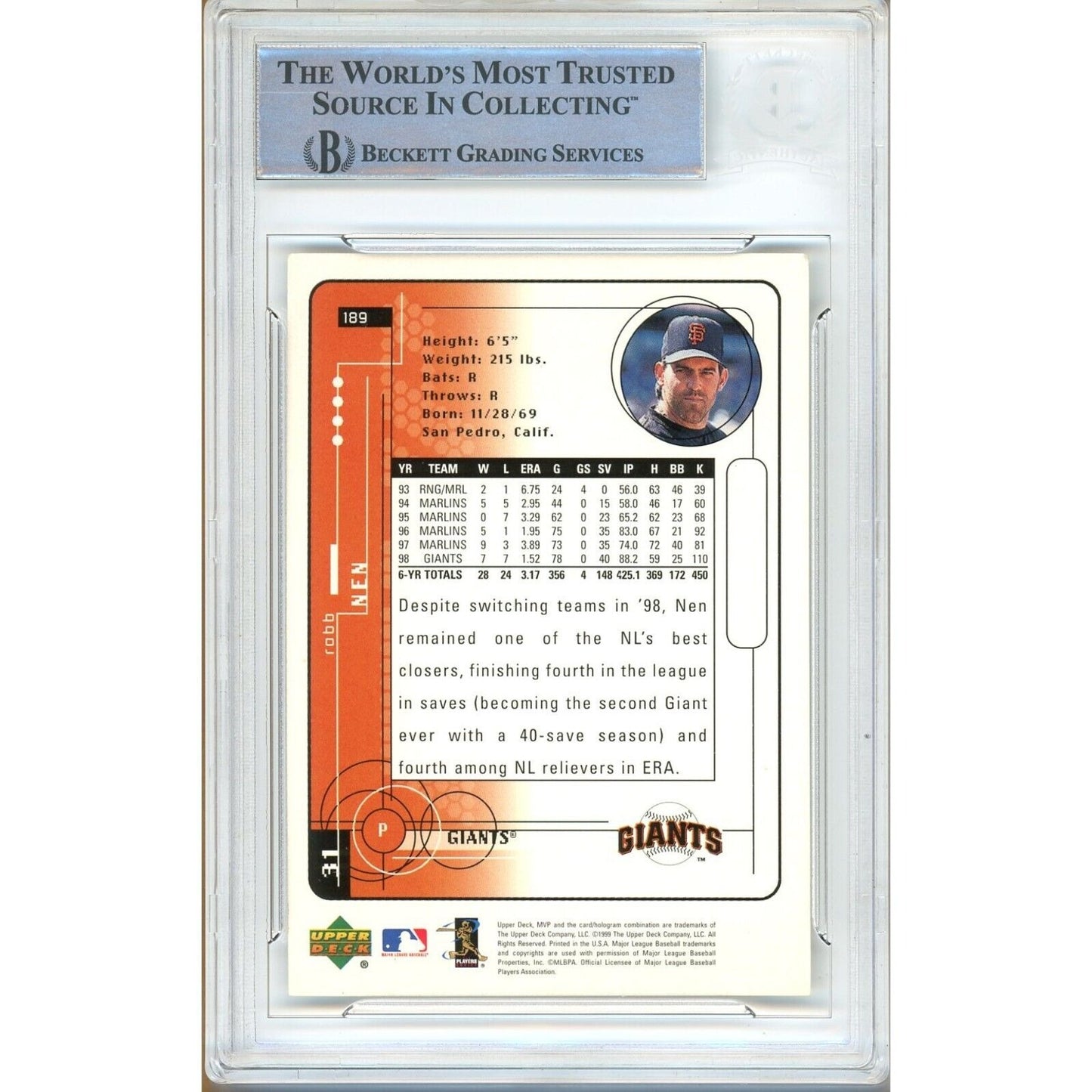 Baseballs- Autographed- Robb Nen San Francisco Giants Signed 1999 Upper Deck MVP Baseball Card Beckett Authentic Auto Slab Back