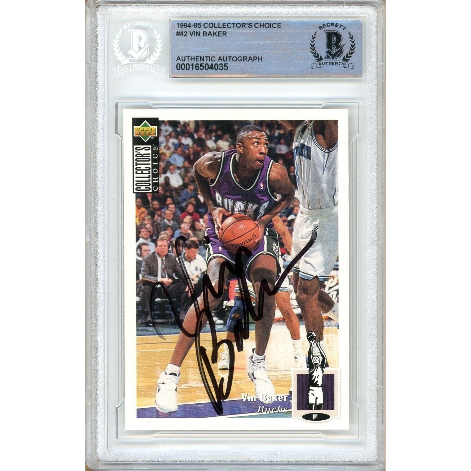 Basketballs- Autographed- Vin Baker Milwaukee Bucks Signed 1994-95 Upper Deck Collectors Choice Trading Card Beckett Authentic Auto Slab Front