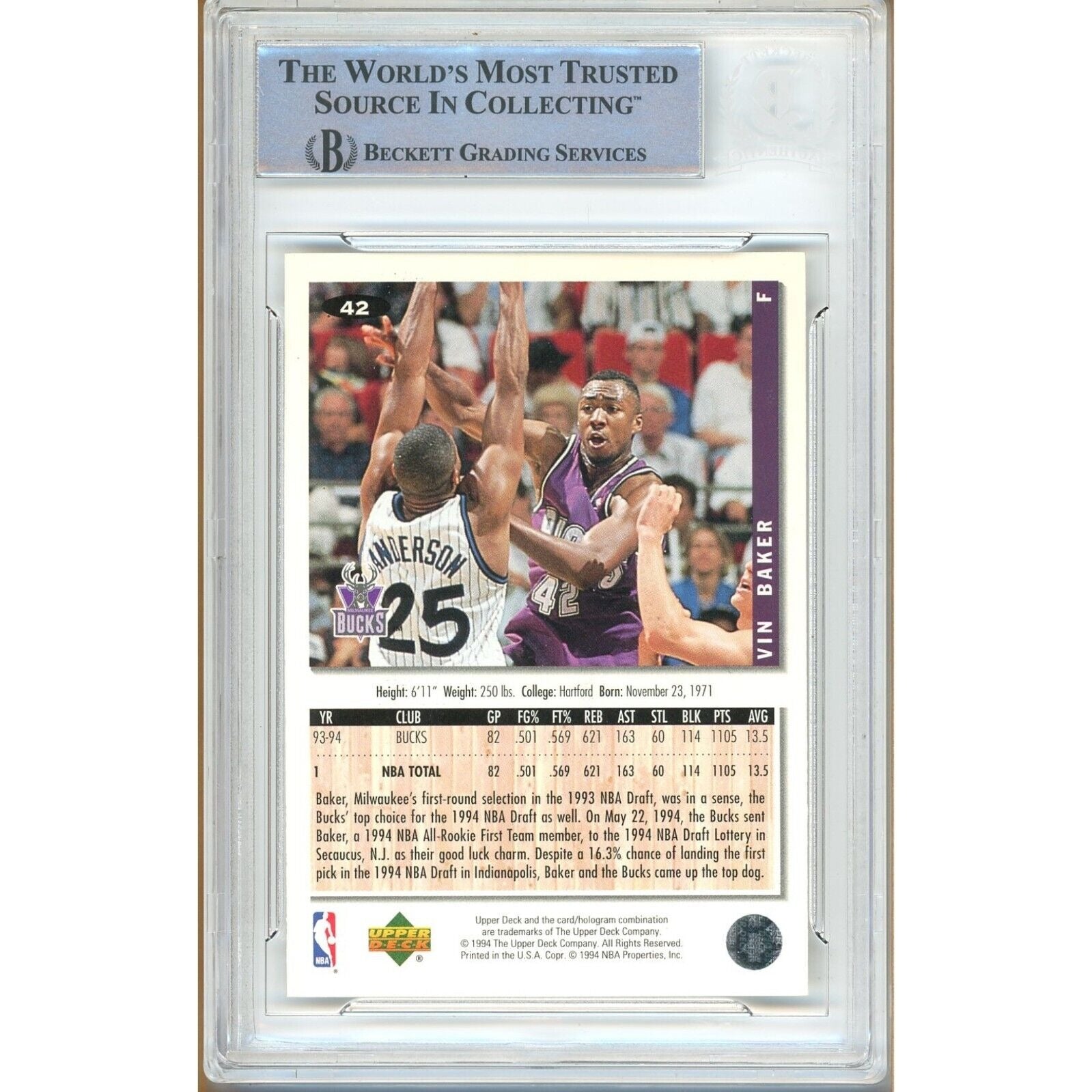 Vin Baker Milwaukee Bucks signed trading card – signature close-up – Beckett COA