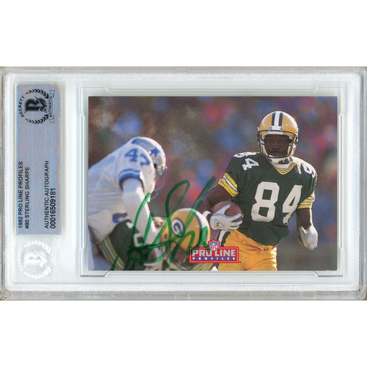 Footballs- Autographed- Sterling Sharpe Green Bay Packers Signed 1992 Pro Line Profiles Trading Card Beckett Authentic Auto Slab Front