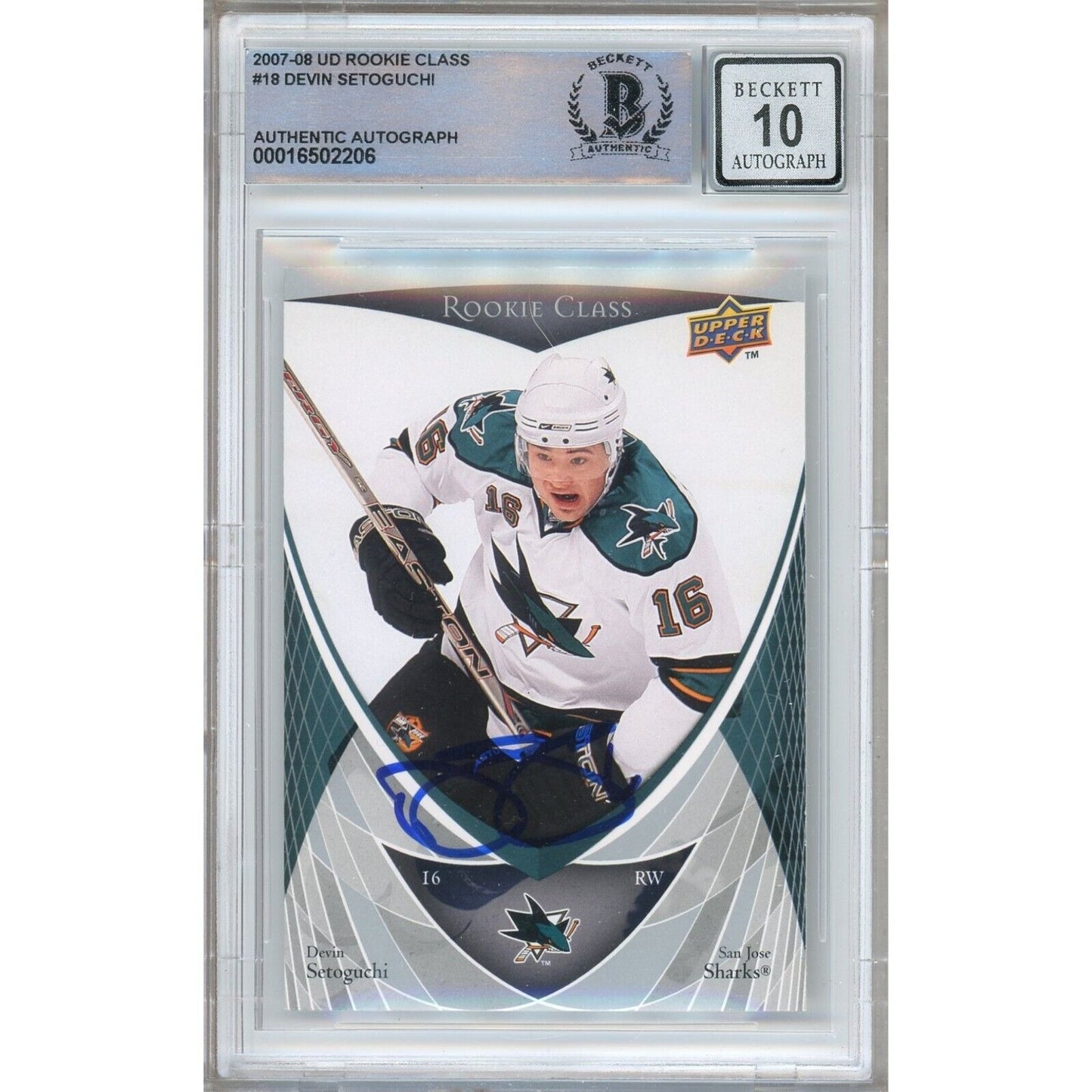 Hockey- Autographed- Devin Setoguchi San Jose Sharks Signed 2007-08 Upper Deck Rookie Class Card Beckett Authentic BGS Auto-10 Graded Slab Front