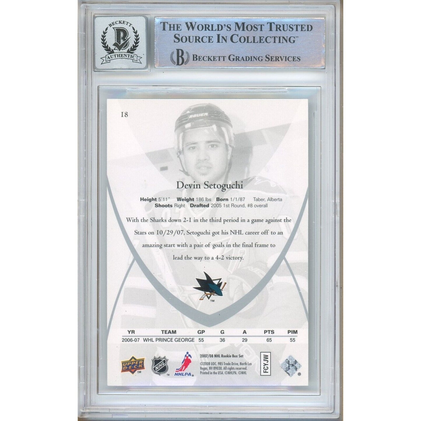 Hockey- Autographed- Devin Setoguchi San Jose Sharks Signed 2007-08 Upper Deck Rookie Class Card Beckett Authentic BGS Auto-10 Graded Slab Back