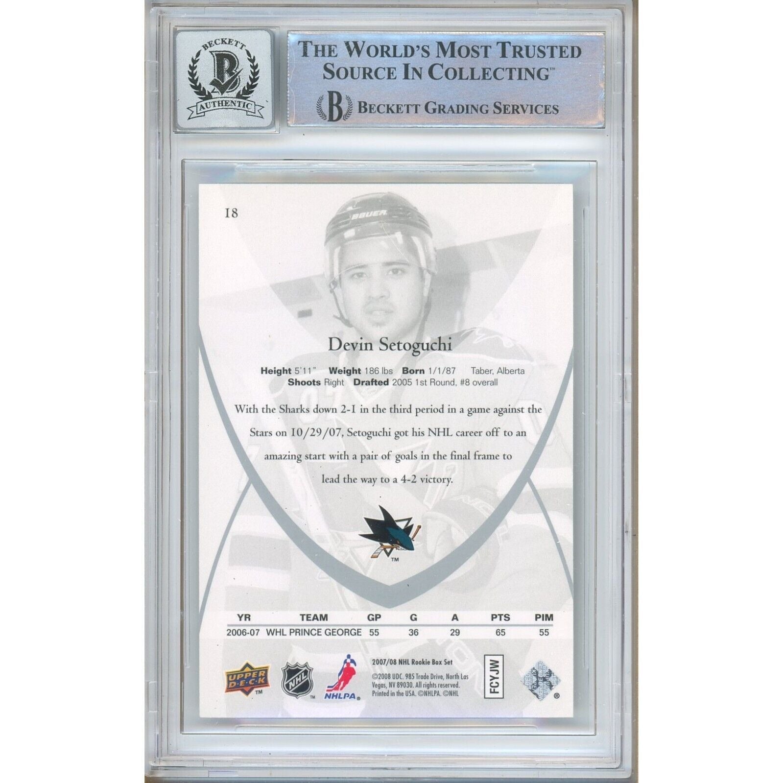 Hockey- Autographed- Devin Setoguchi San Jose Sharks Signed 2007-08 Upper Deck Rookie Class Card Beckett Authentic BGS Auto-10 Graded Slab Back