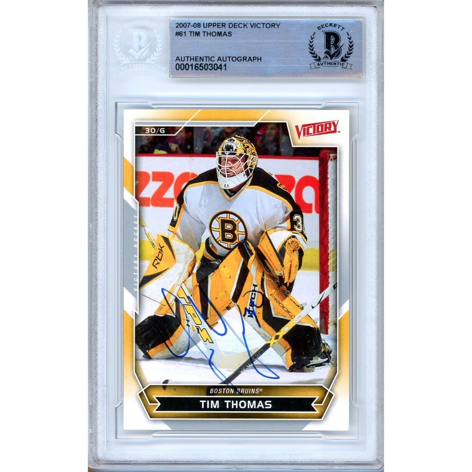 Tim Thomas Boston Bruins autographed trading card – full view – Beckett COA