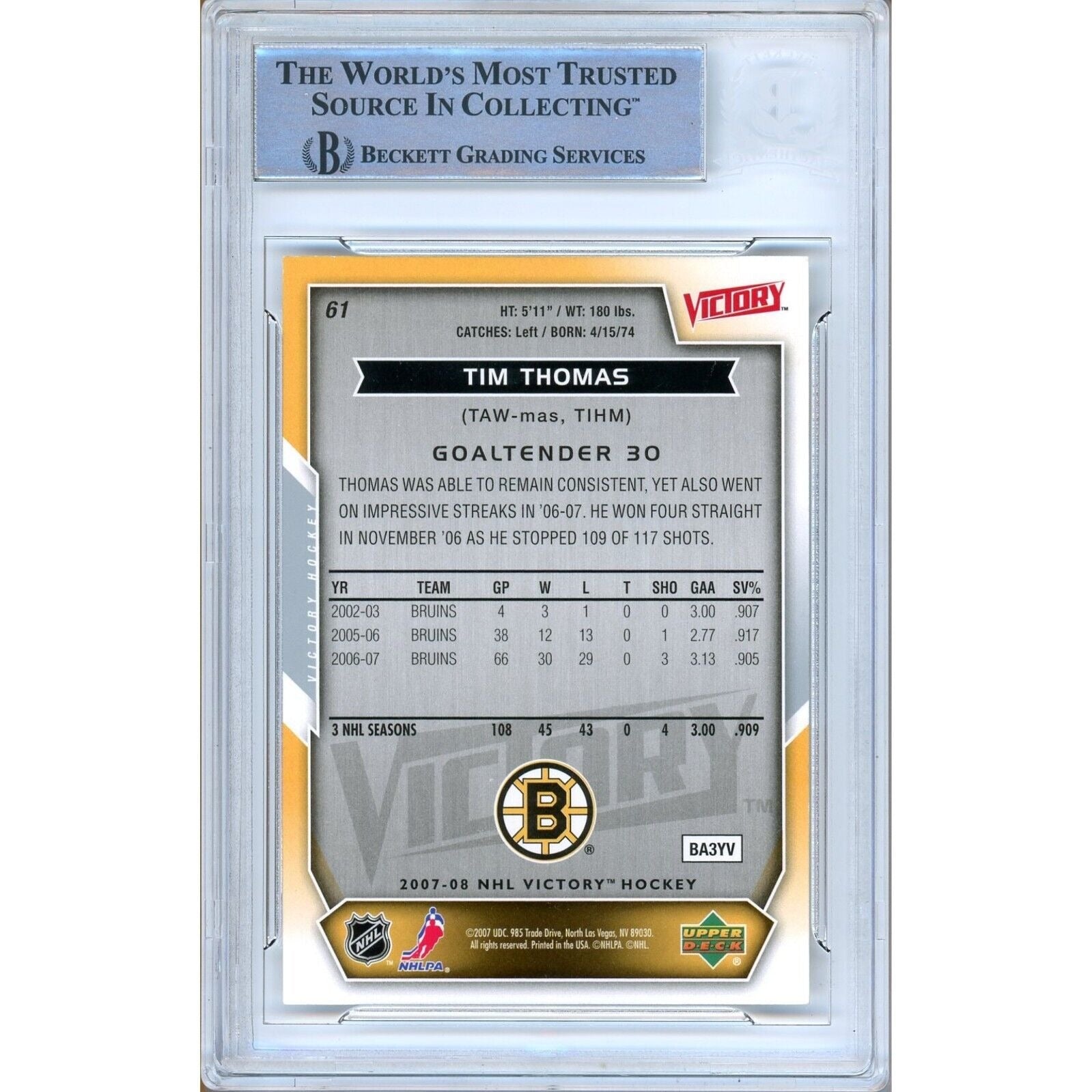 Tim Thomas Boston Bruins signed trading card – signature close-up – Beckett COA