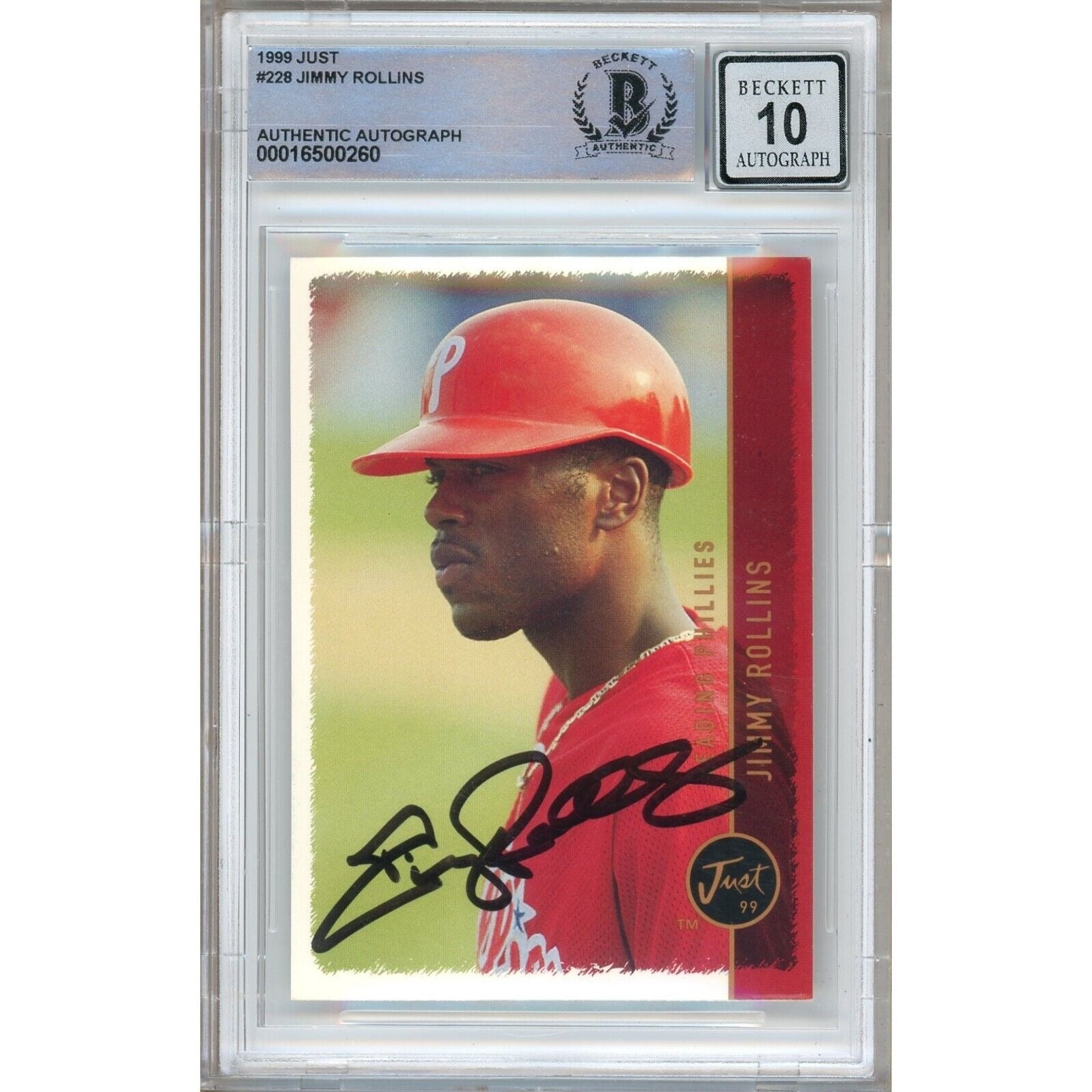Jimmy Rollins Phillies autographed trading card – full view – Beckett COA