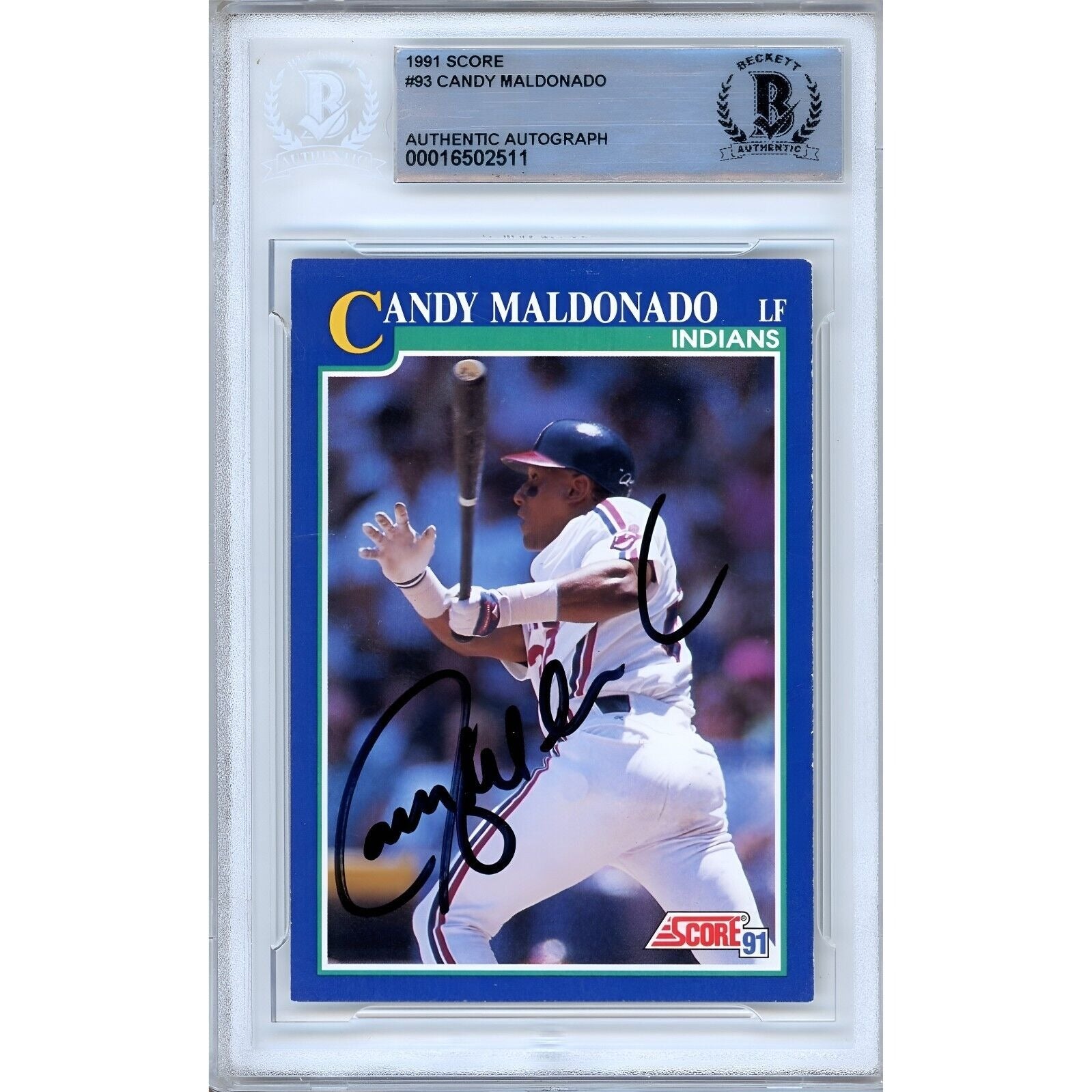 Baseballs- Autographed- Candy Maldonado Cleveland Indians Signed 1991 Score Baseball Card Beckett Authentic Auto Slab Front