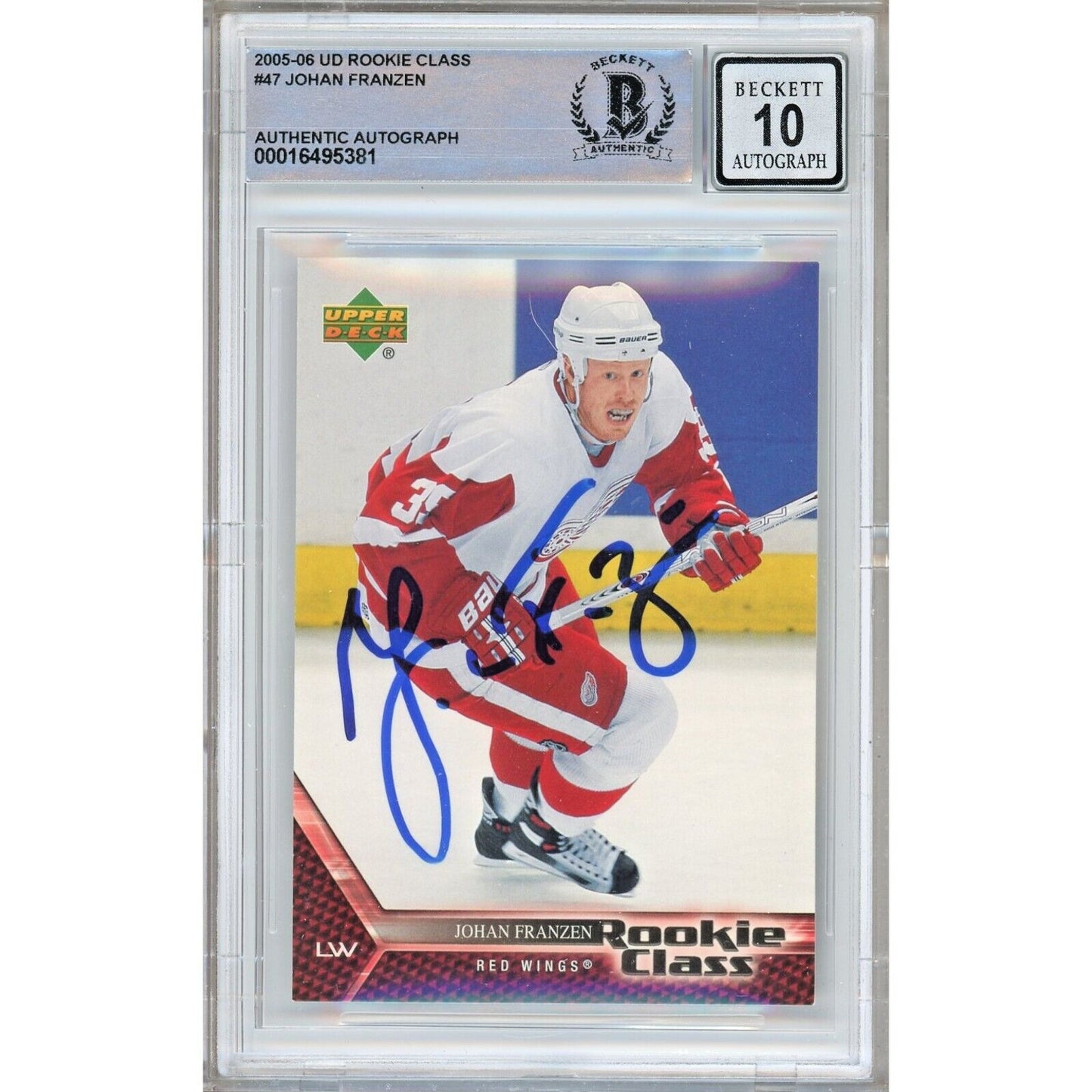 Hockey- Autographed- Johan Franzen Detroit Red Wings Signed 2005-06 Upper Deck Rookie Class Hockey Card Beckett Authentic BGS Auto-10 Graded Slab Front