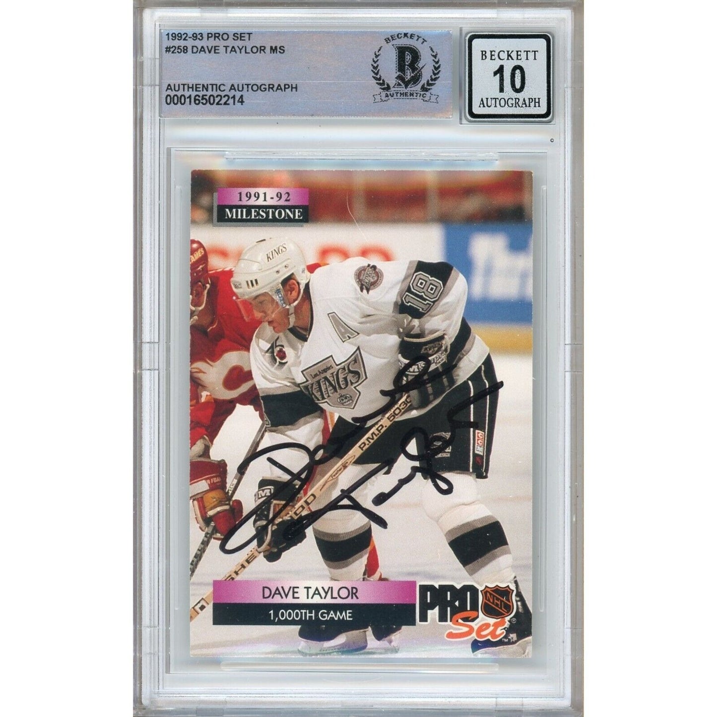 Hockey- Autographed- Dave Taylor Los Angeles Kings Signed 1992-93 Pro Set 1000th Game Hockey Card Beckett Authentic BGS Auto-10 Graded Slab Front