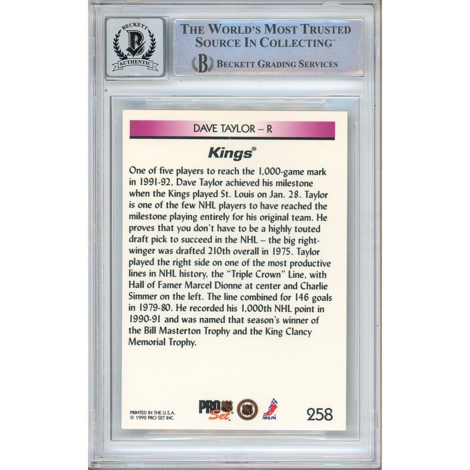 Hockey- Autographed- Dave Taylor Los Angeles Kings Signed 1992-93 Pro Set 1000th Game Hockey Card Beckett Authentic BGS Auto-10 Graded Slab Back