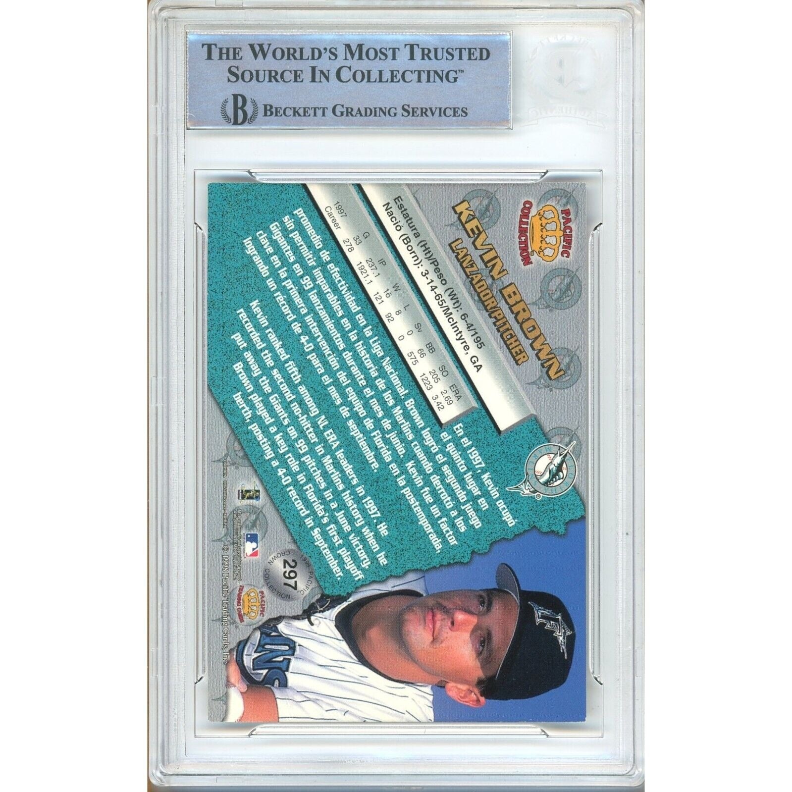 1998 Pacific #297 Kevin Brown Miami Marlins Autograph Trading Card – Beckett BAS.