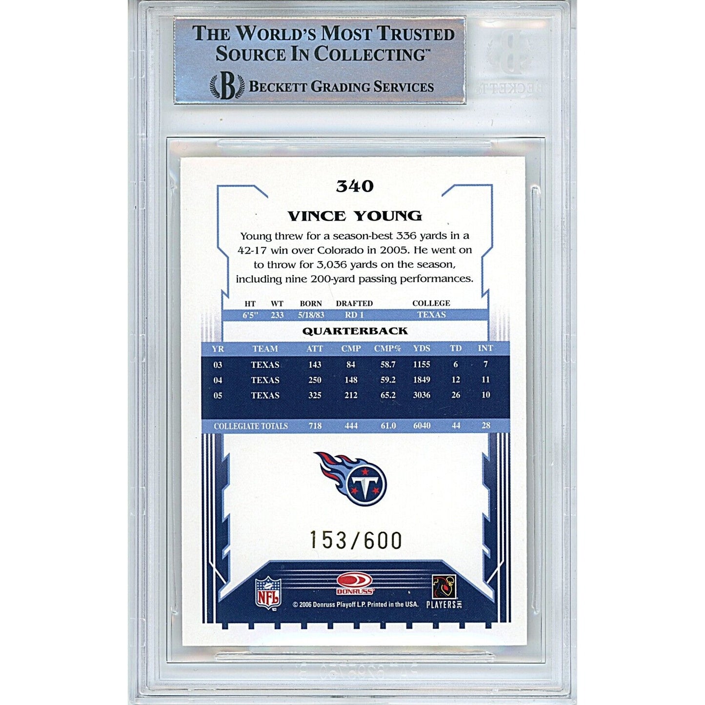 Footballs- Autographed- Vince Young Tennessee Titans Signed 2006 Score Gold Trading Card Beckett Authentic Auto Slab Back