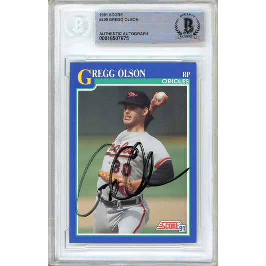 Baseballs- Autographed- Gregg Olson Baltimore Orioles Signed 1991 Score Baseball Card Beckett Authentic Auto Slab Front