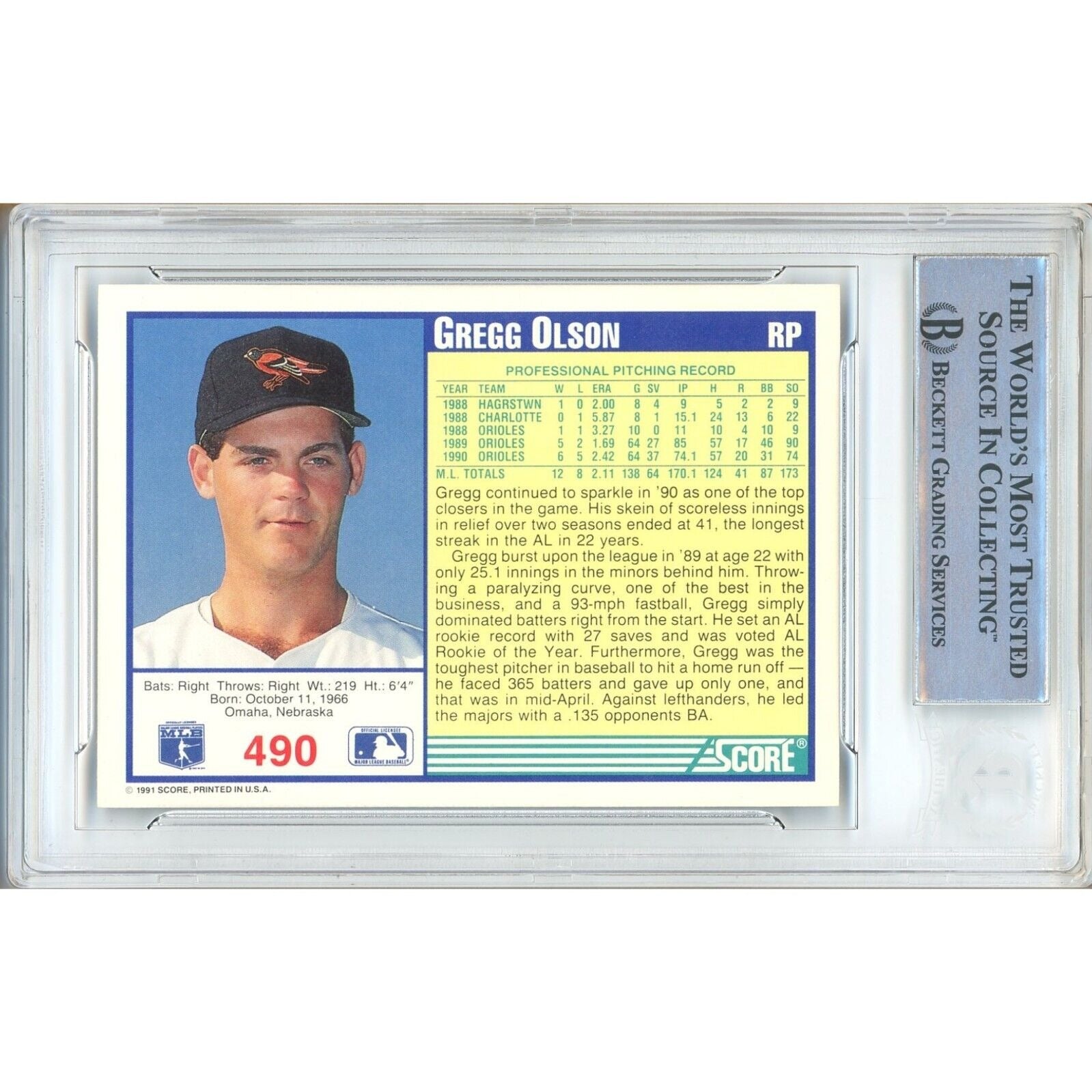 Gregg Olson Baltimore Orioles signed trading card – signature close-up – Beckett COA