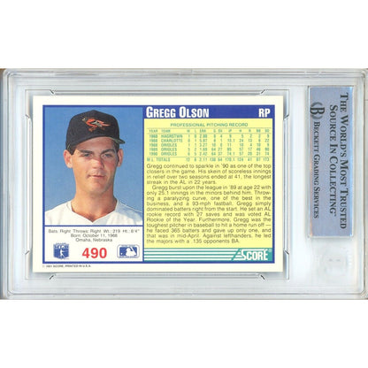 Baseballs- Autographed- Gregg Olson Baltimore Orioles Signed 1991 Score Baseball Card Beckett Authentic Auto Slab Back