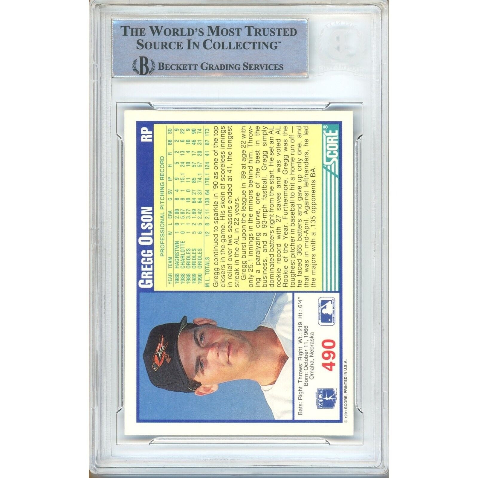 Gregg Olson Baltimore Orioles auto trading card – authentication sticker – Beckett COA