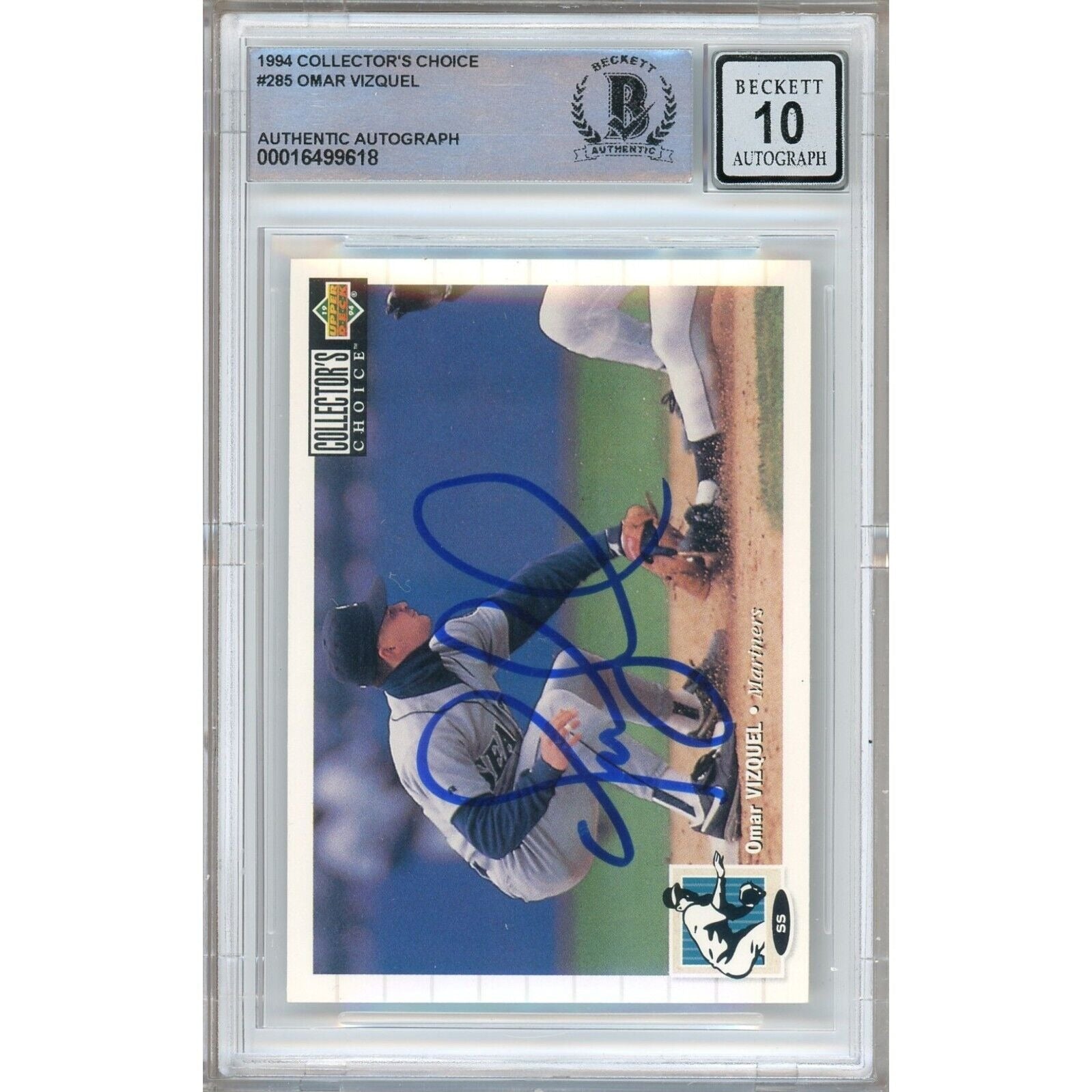 Baseballs- Autographed- Omar Vizquel Seattle Mariners Signed 1994 Upper Deck Collectors Choice Baseball Card Beckett Authenticated BGS Auto-10 Graded Slab Front