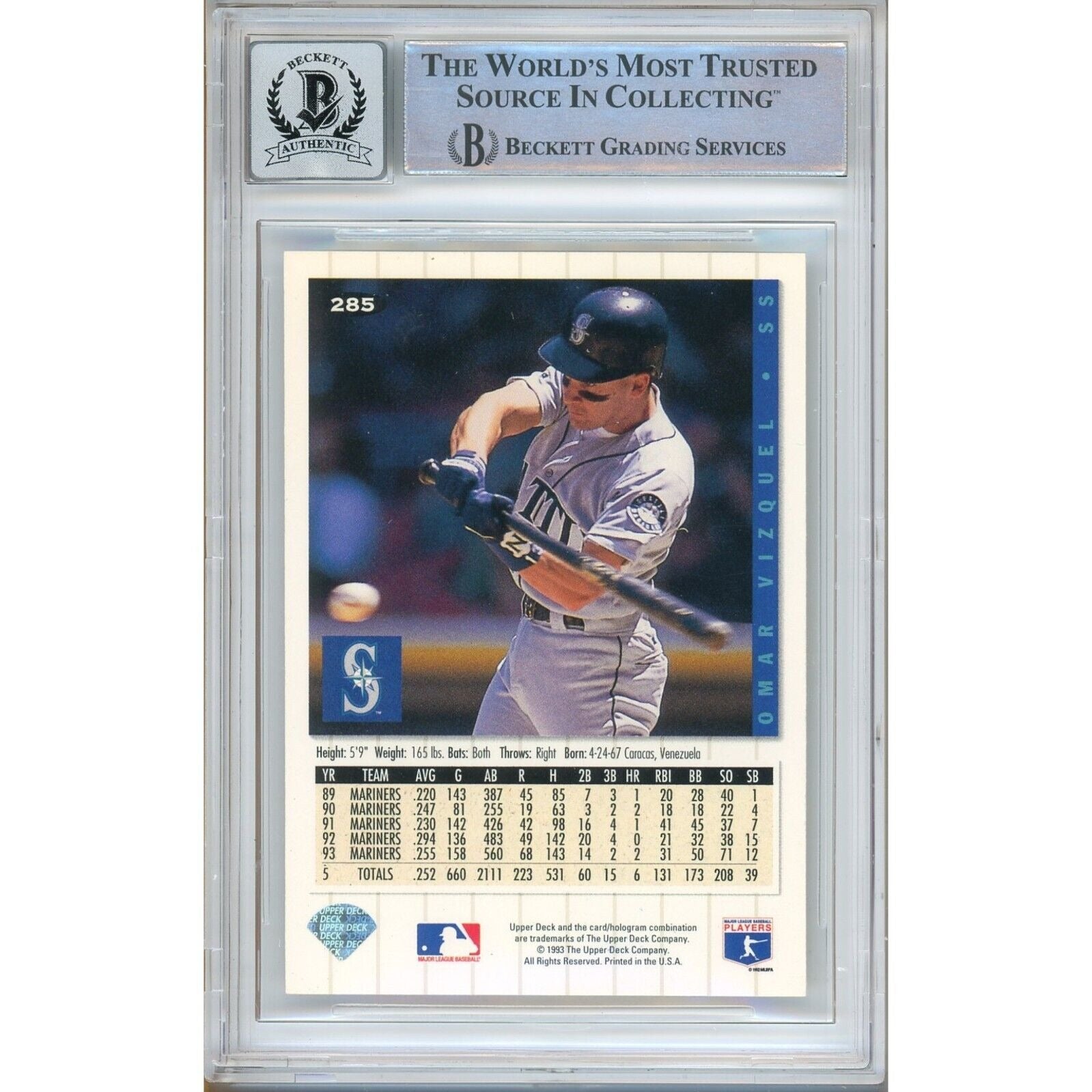 Baseballs- Autographed- Omar Vizquel Seattle Mariners Signed 1994 Upper Deck Collectors Choice Baseball Card Beckett Authentic BGS Auto-10 Graded Slab Back