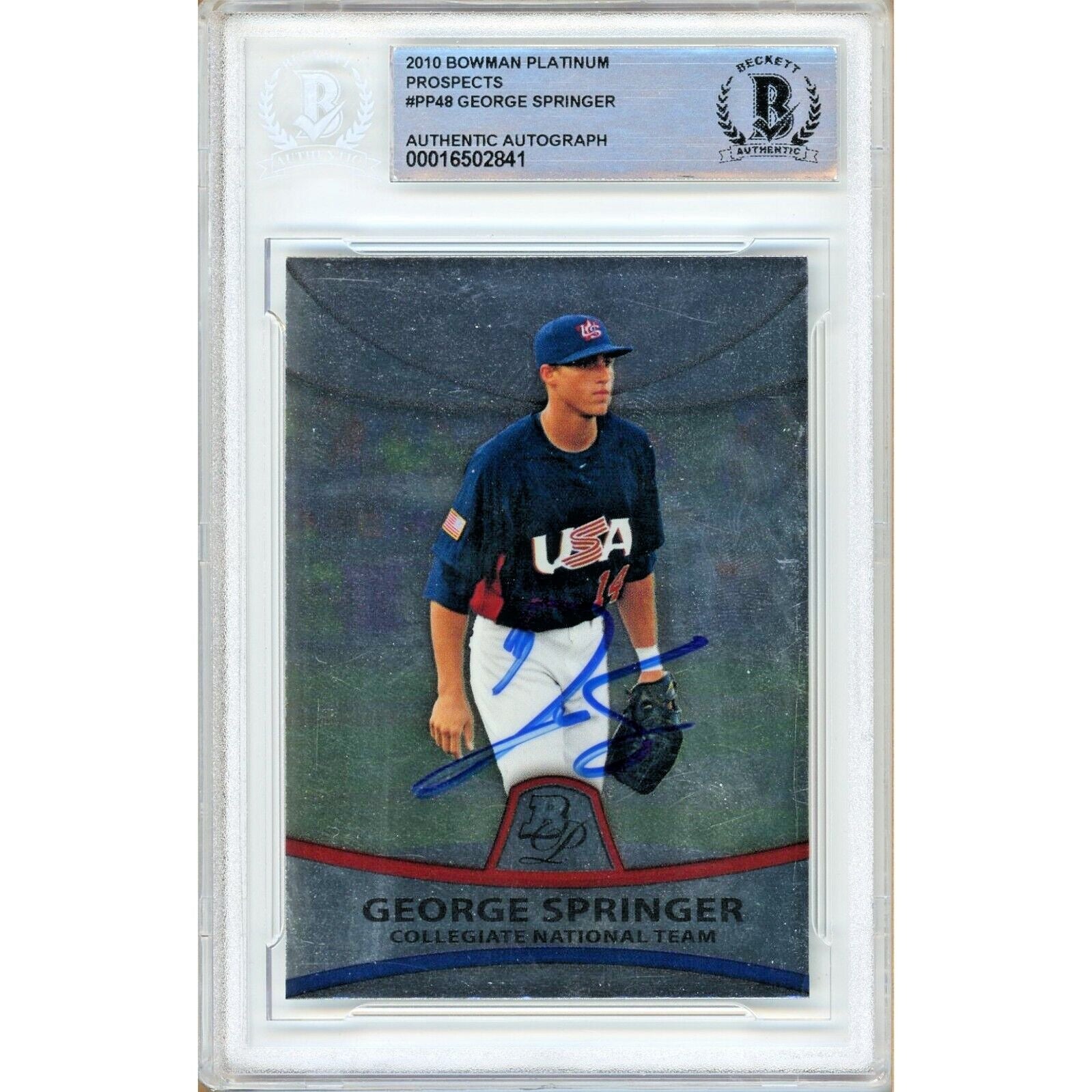 Baseballs- Autographed- George Springer Houston Astros Signed 2010 Bowman Platinum Rookie Baseball Card Beckett Authentic Auto Slab Front