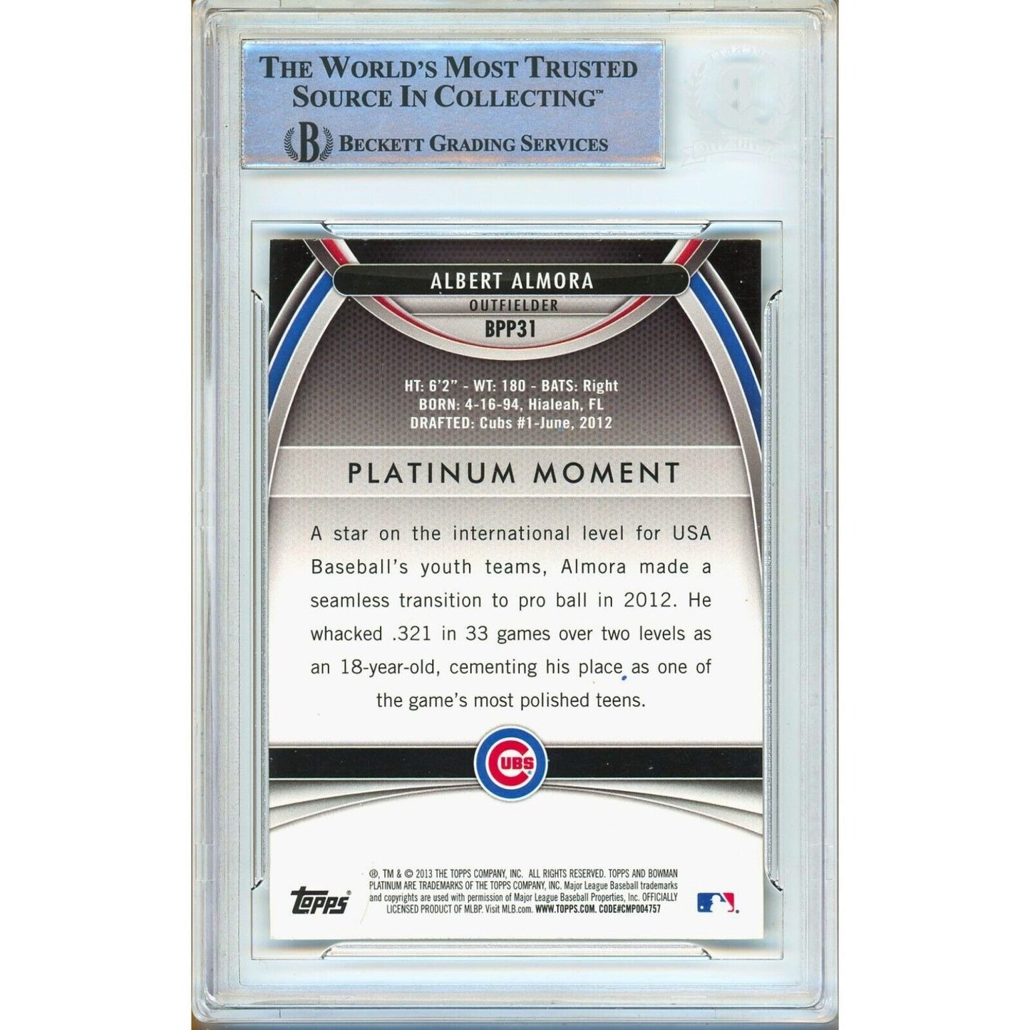 Baseballs- Autographed- Albert Almora Chicago Cubs Signed 2013 Bowman Platinum Prospects Rookie Baseball Card Beckett Authentic Auto Slab Back