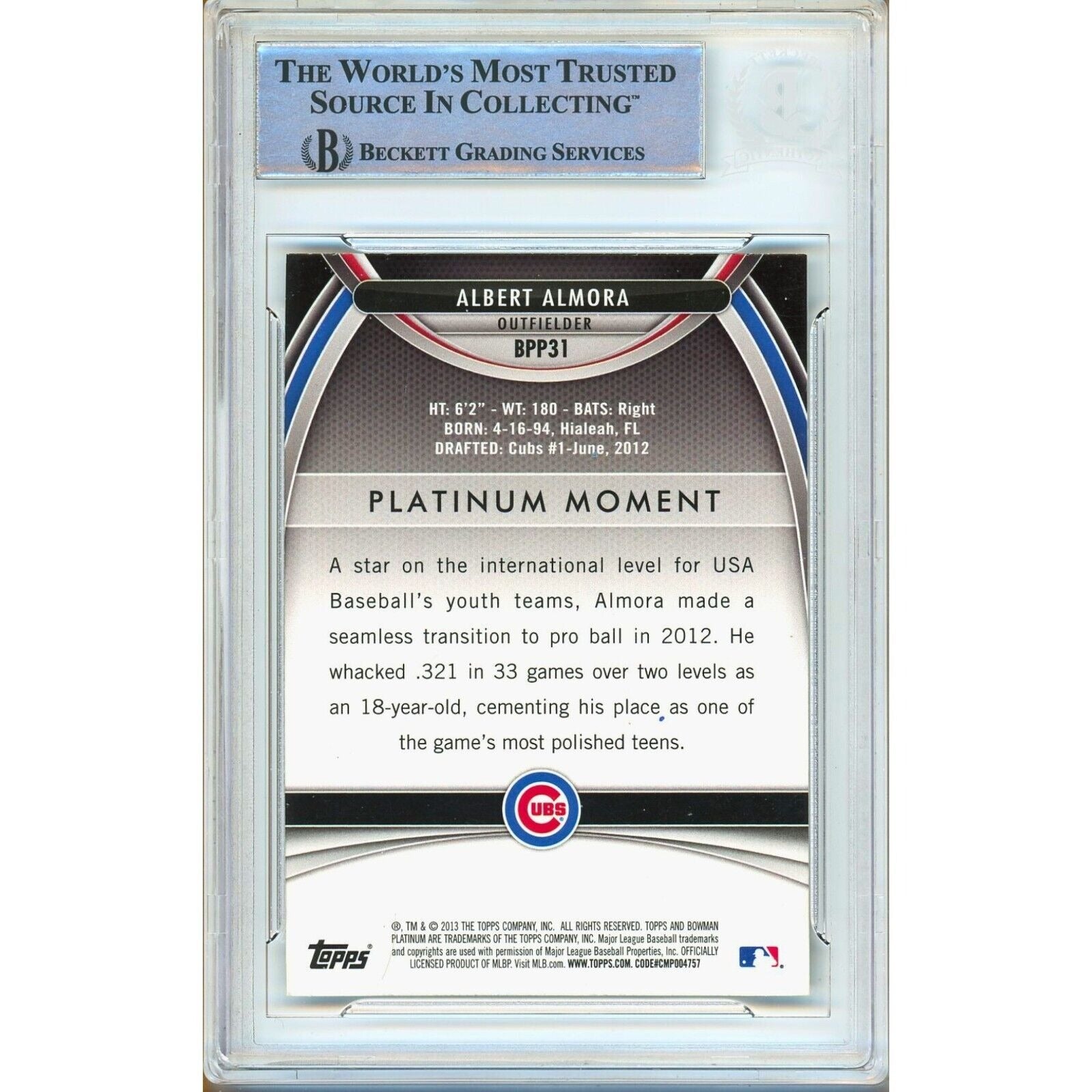 2013 Bowman Albert Almora Chicago Cubs Signed Trading Card – Beckett BAS