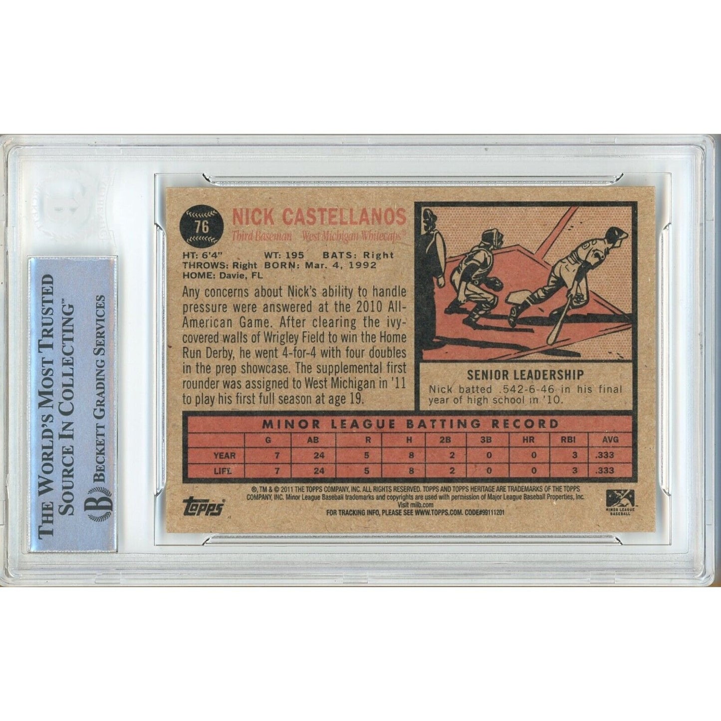 Baseballs- Autographed- Nick Castellanos Philadelphia Phillies Signed 2011 Topps Heritage Minors Baseball Card Beckett Authentic Auto Slab Back