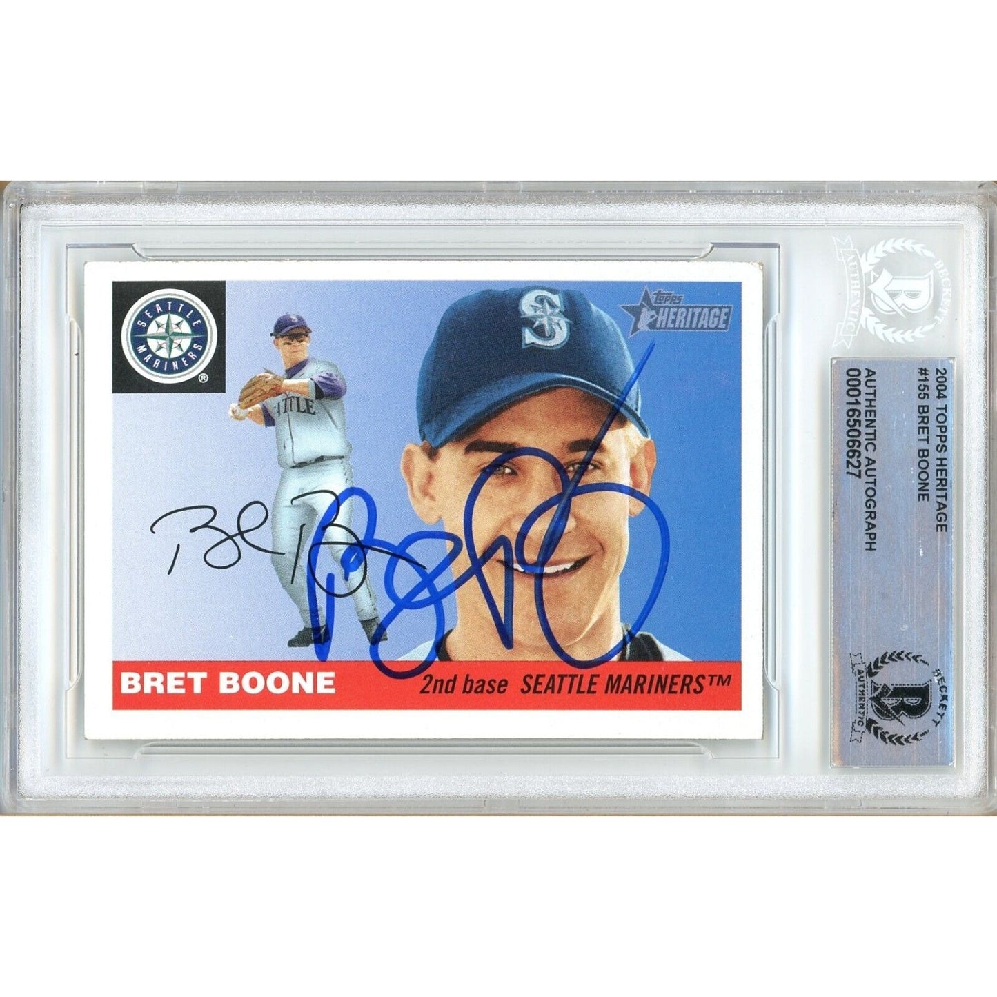 Baseballs- Autographed- Bret Boone Seattle Mariners Signed 2004 Topps Heritage Baseball Card Beckett Authentic Auto Slab Front