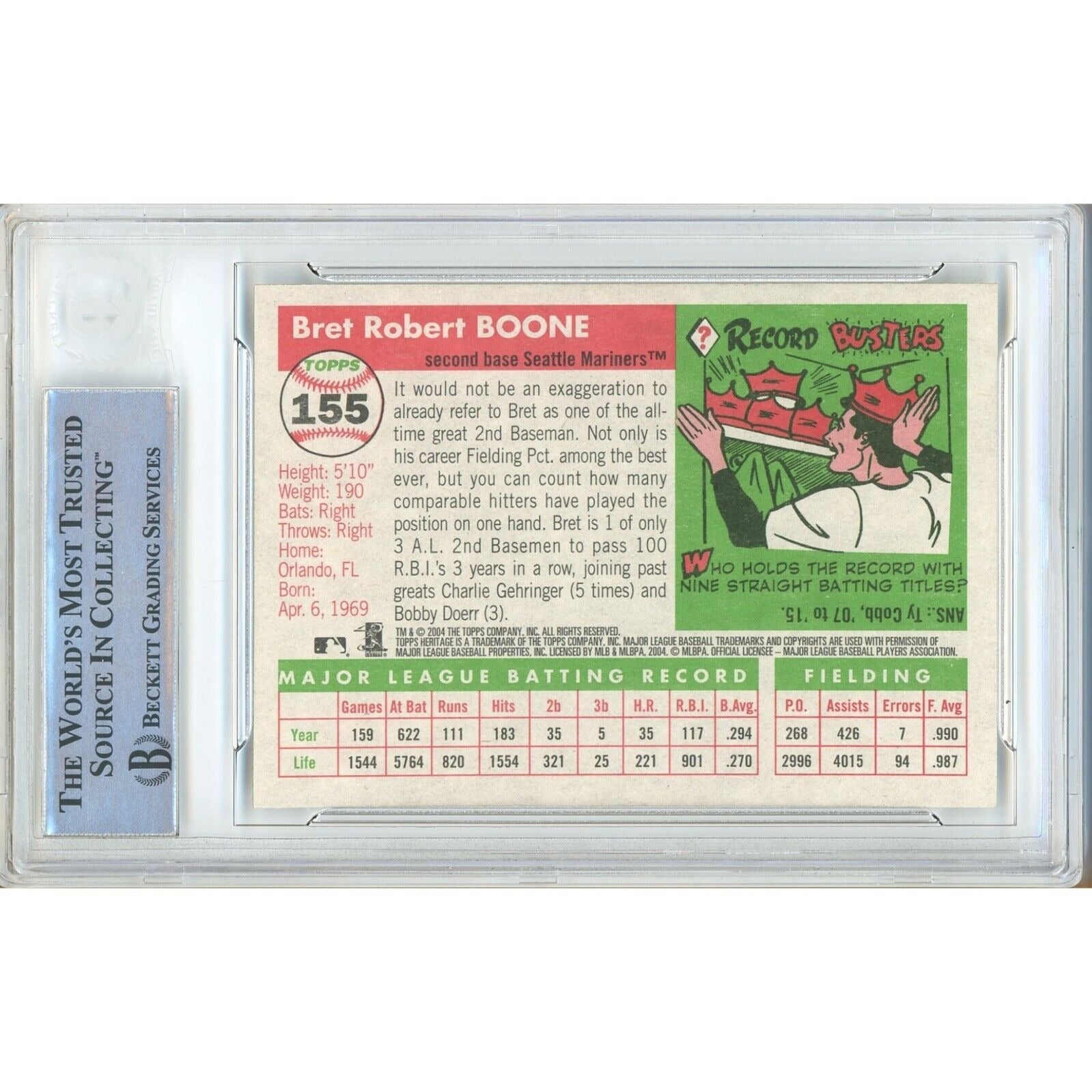 2004 Topps #155 Bret Boone Seattle Mariners Autograph Trading Card – Beckett BAS
