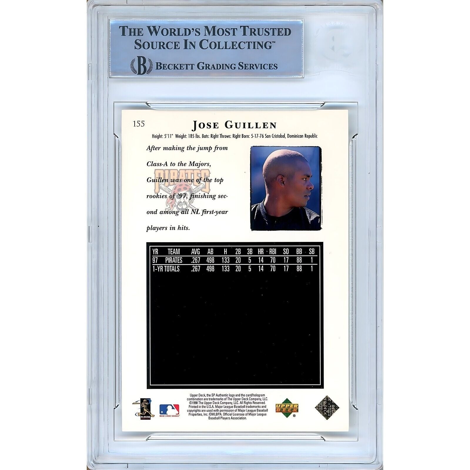 Jose Guillen Pittsburgh Pirates signed trading card – signature close-up – Beckett COA