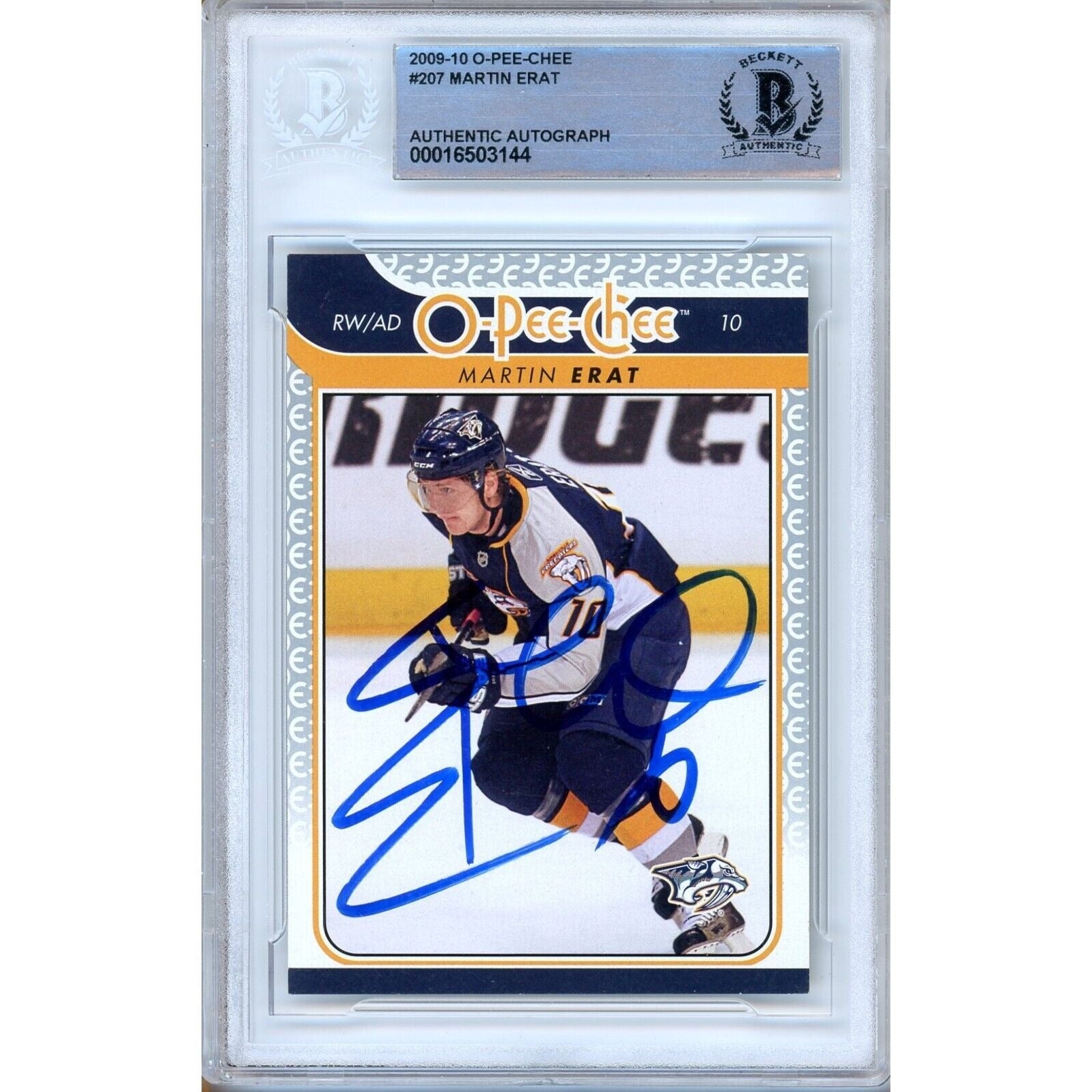 Hockey- Autographed- Martin Erat Nashville Predators Signed 2009-10 O-Pee-Chee Hockey Card Beckett Authentic Auto Slab Front