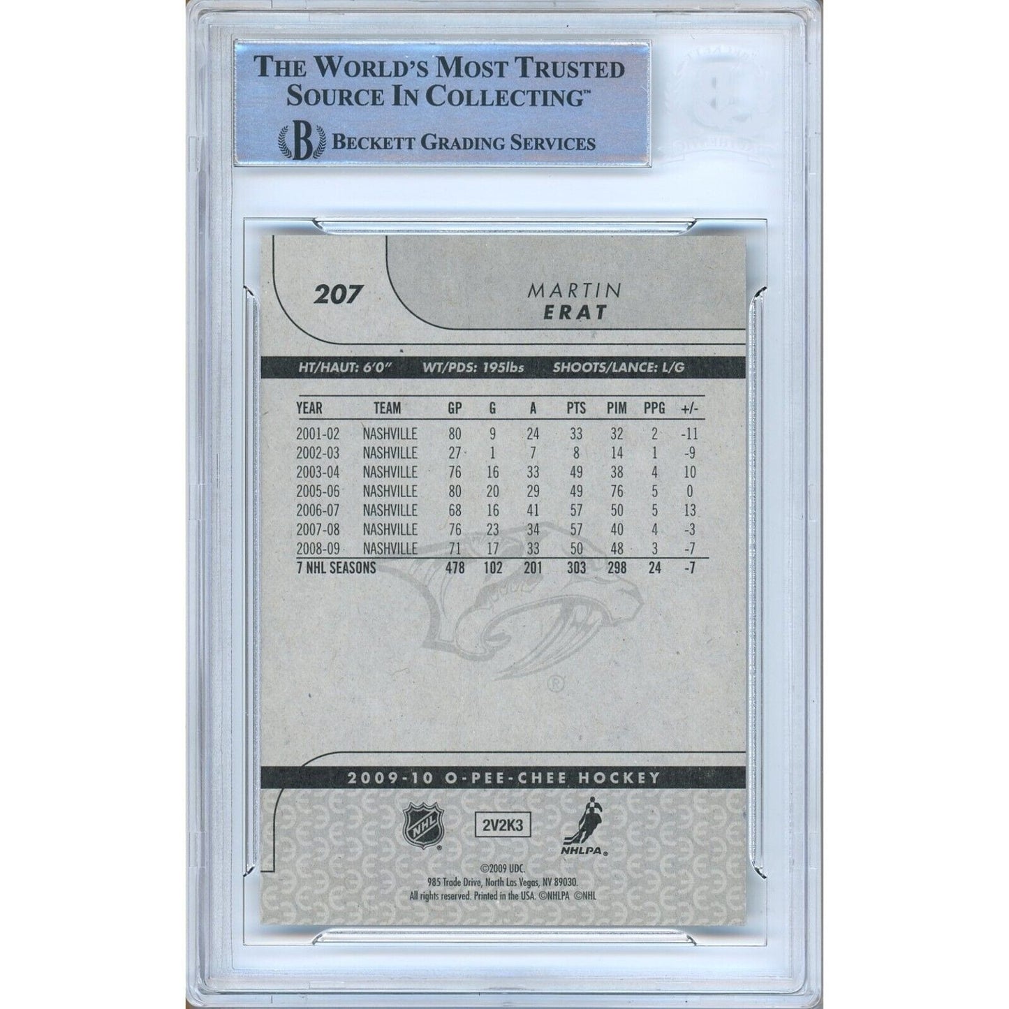 Hockey- Autographed- Martin Erat Nashville Predators Signed 2009-10 O-Pee-Chee Hockey Card Beckett Authentic Auto Slab Back