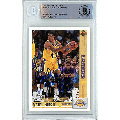 Basketballs- Autographed- Mychal Thompson Los Angeles Lakers Signed 1991-92 Upper Deck Basketball Card Beckett Authentic Auto Slab Front