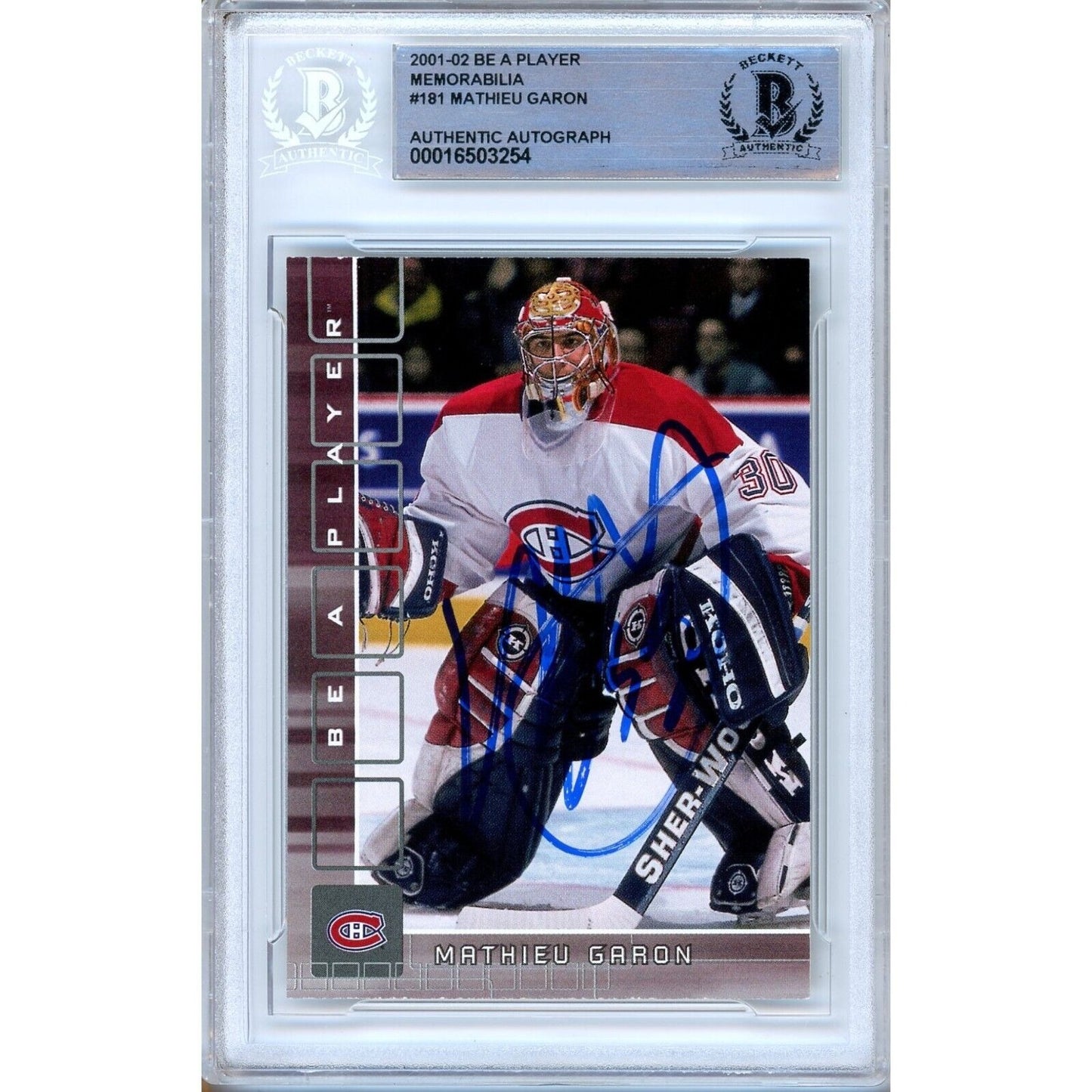 Hockey- Autographed- Mathieu Garon Montreal Canadiens Signed 2001-02 BAP Be A Player Memorabilia Hockey Card Beckett Authentic Auto Slab Front