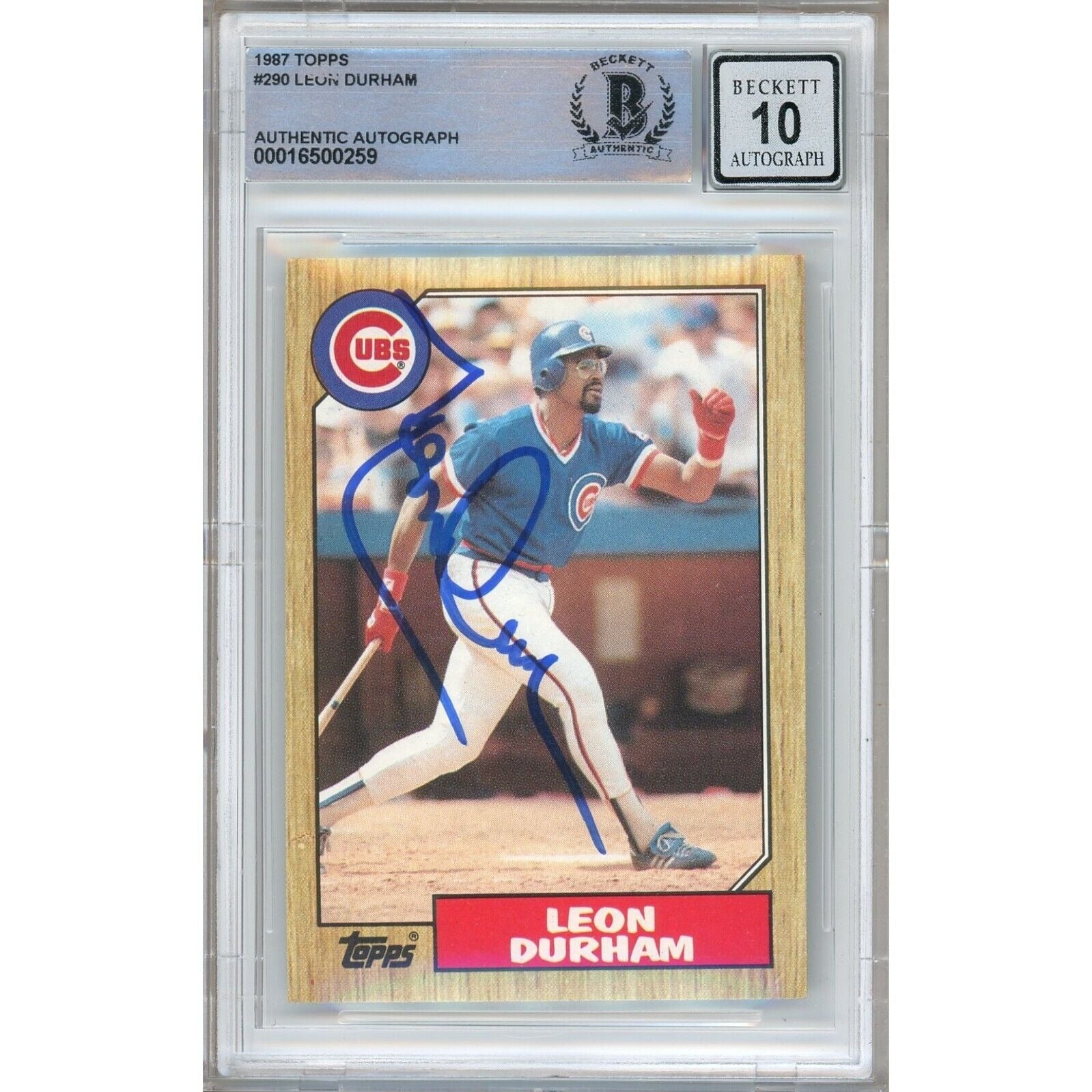 Baseballs- Autographed- Leon Durham Chicago Cubs Signed 1987 Topps Baseball Card Beckett Authentic BGS Auto-10 Graded Slab Front