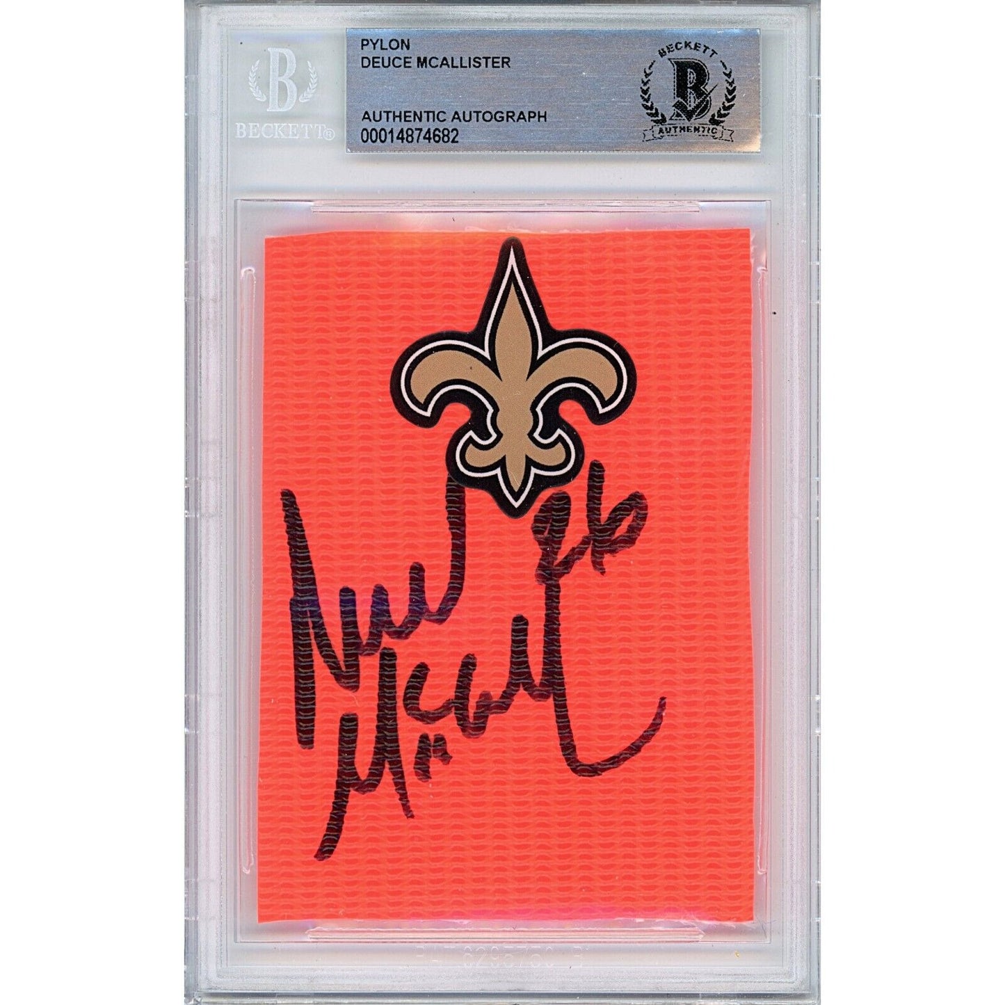 Footballs- Autographed- Deuce McAllister New Orleans Saints Signed End Zone Pylon Auto Cut Beckett Authentic Slab Front