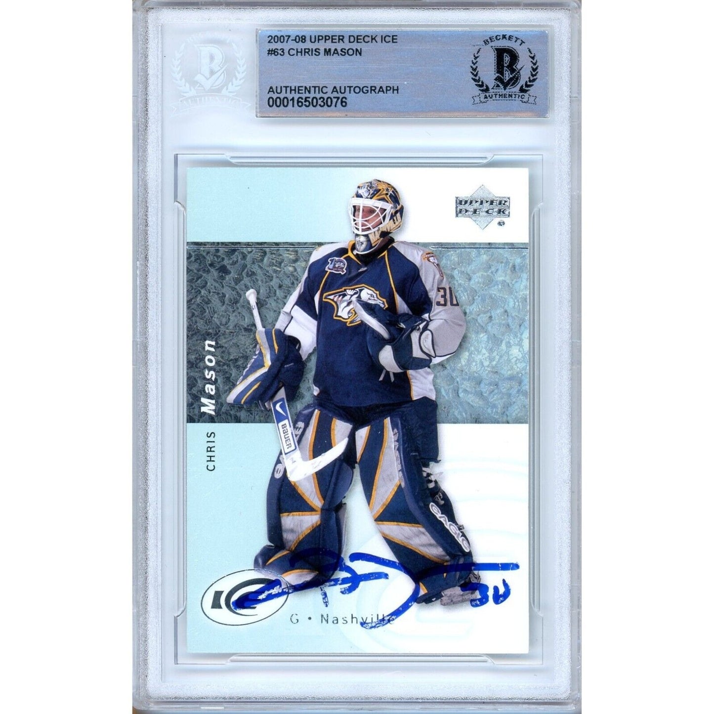 Hockey- Autographed- Chris Mason Nashville Predators Signed 2007-08 Upper Deck Ice Hockey Card Beckett Authentic Auto Slab Front