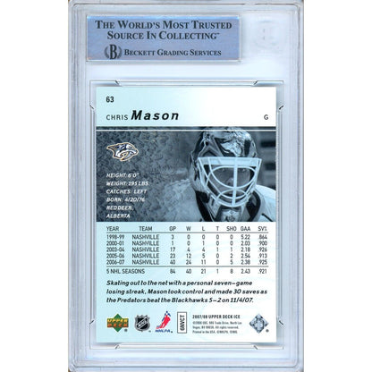 Hockey- Autographed- Chris Mason Nashville Predators Signed 2007-08 Upper Deck Ice Hockey Card Beckett Authentic Auto Slab Back