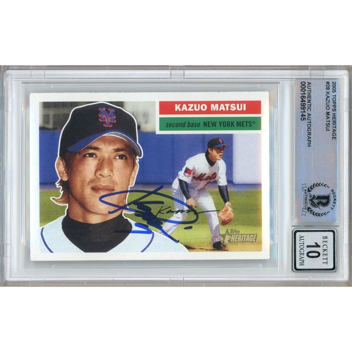 Baseballs- Autographed- Kazuo Matsui New York Mets Signed 2005 Topps Heritage Baseball Card Beckett Authentic BGS Auto-10 Graded Slab Front