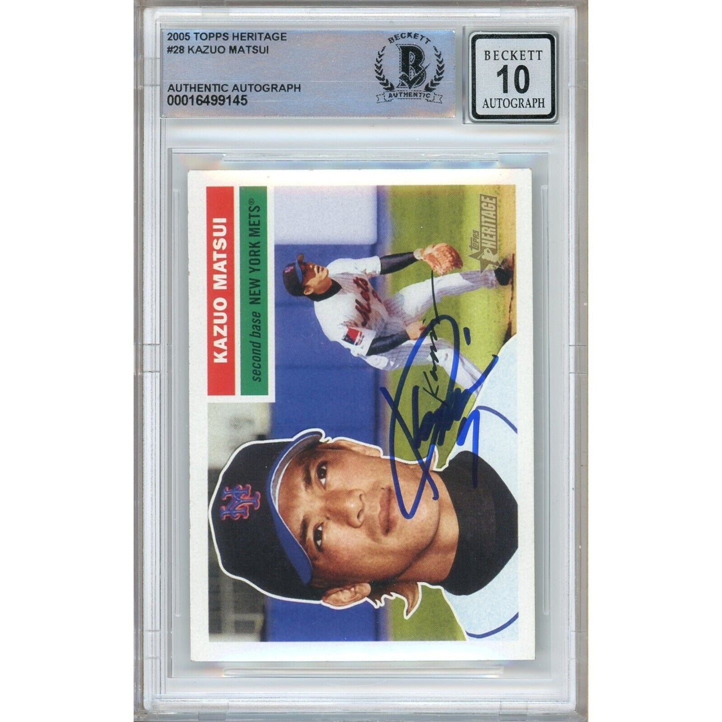 Baseballs- Autographed- Kazuo Matsui NY Mets Signed 2005 Topps Heritage Baseball Card Beckett Authentic BGS Auto-10 Graded Slab Front