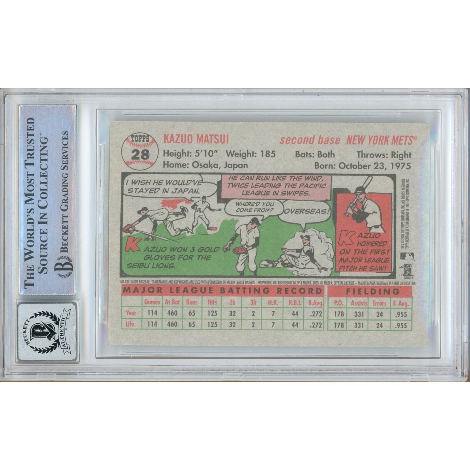 Baseballs- Autographed- Kazuo Matsui New York Mets Signed 2005 Topps Heritage Baseball Card Beckett Authentic BGS Auto-10 Graded Slab Back