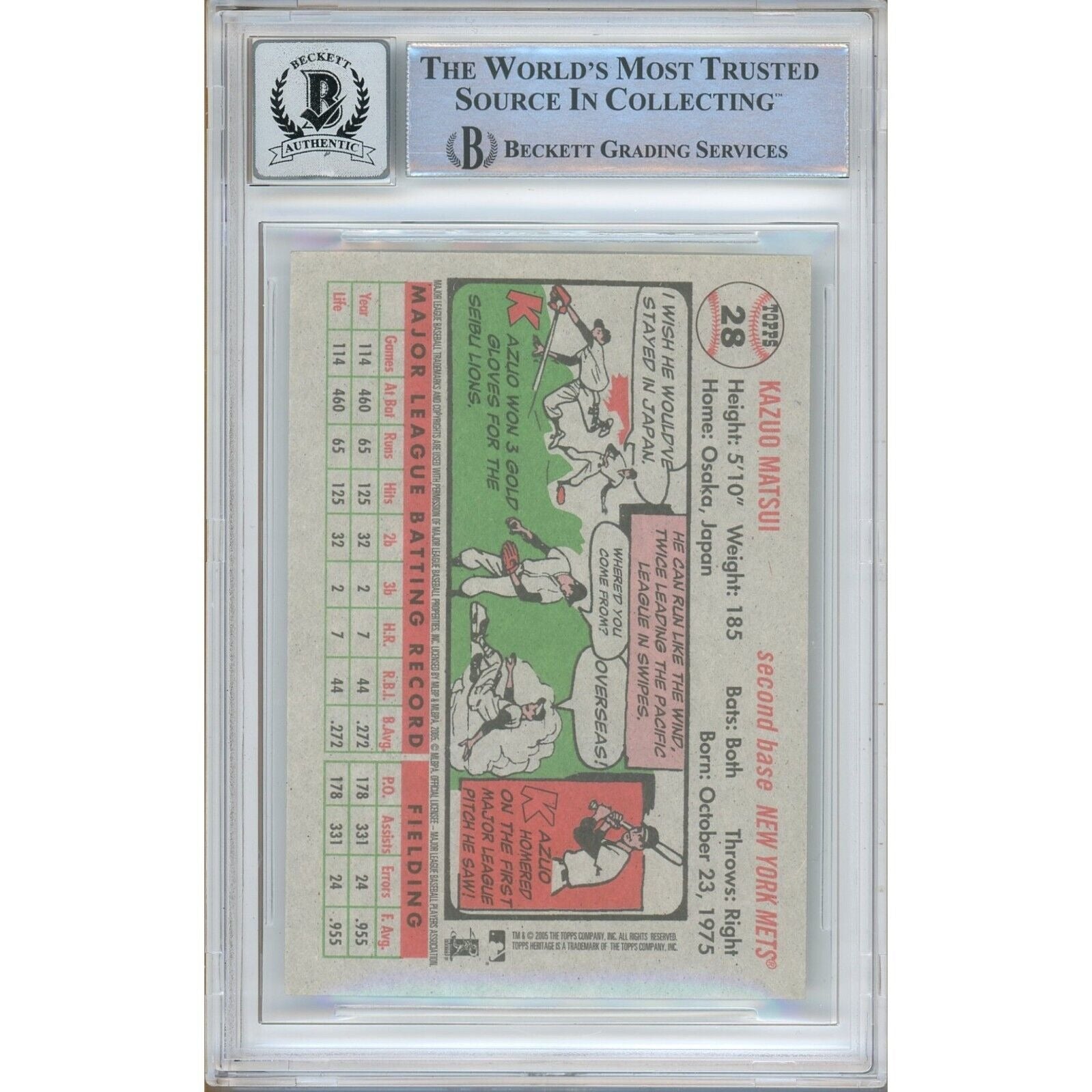 Baseballs- Autographed- Kazuo Matsui New York Mets Signed 2005 Topps Heritage Baseball Card Beckett Authenticated BGS Auto-10 Graded Slab Back