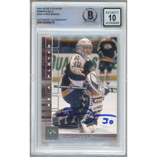 Hockey- Autographed- Chris Mason Nashville Predators Signed 2001-02 BAP Be A Player Memorabilia Hockey Card Beckett Authentic BGS Auto-10 Graded Slab Front