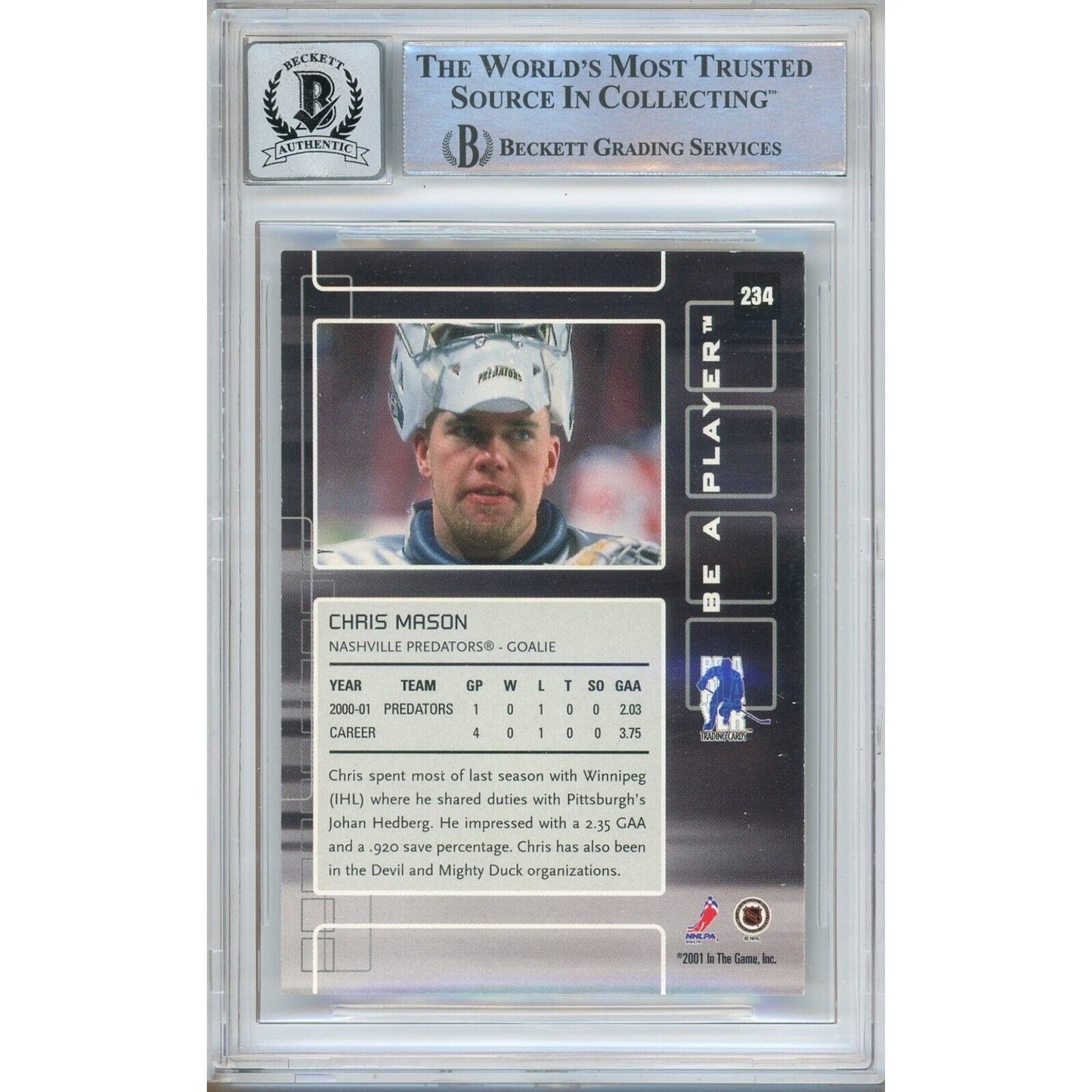 Hockey- Autographed- Chris Mason Nashville Predators Signed 2001-02 BAP Be A Player Memorabilia Hockey Card Beckett Authentic BGS Auto-10 Graded Slab Back